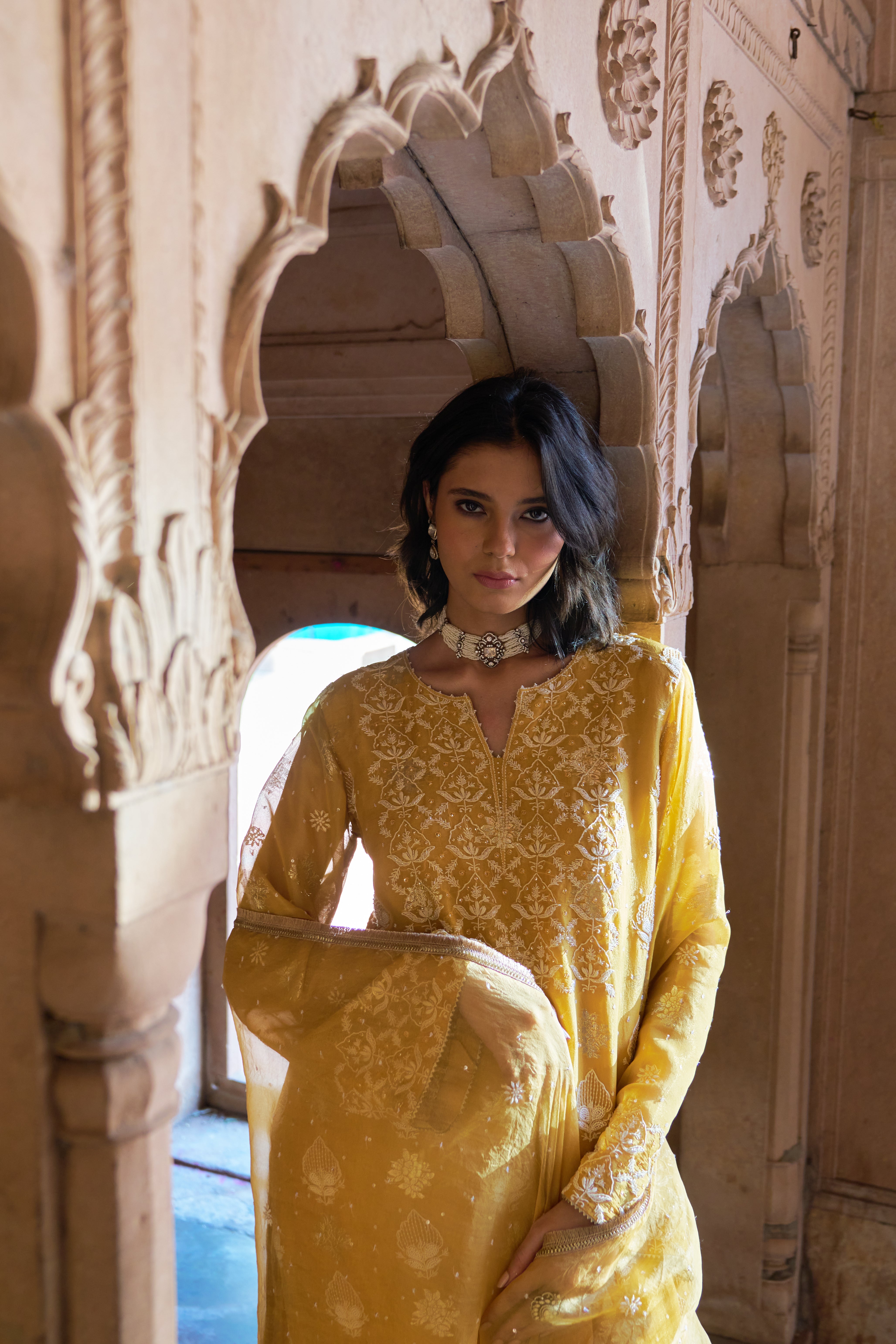 Yellow Organza Chikankari Kurta Set