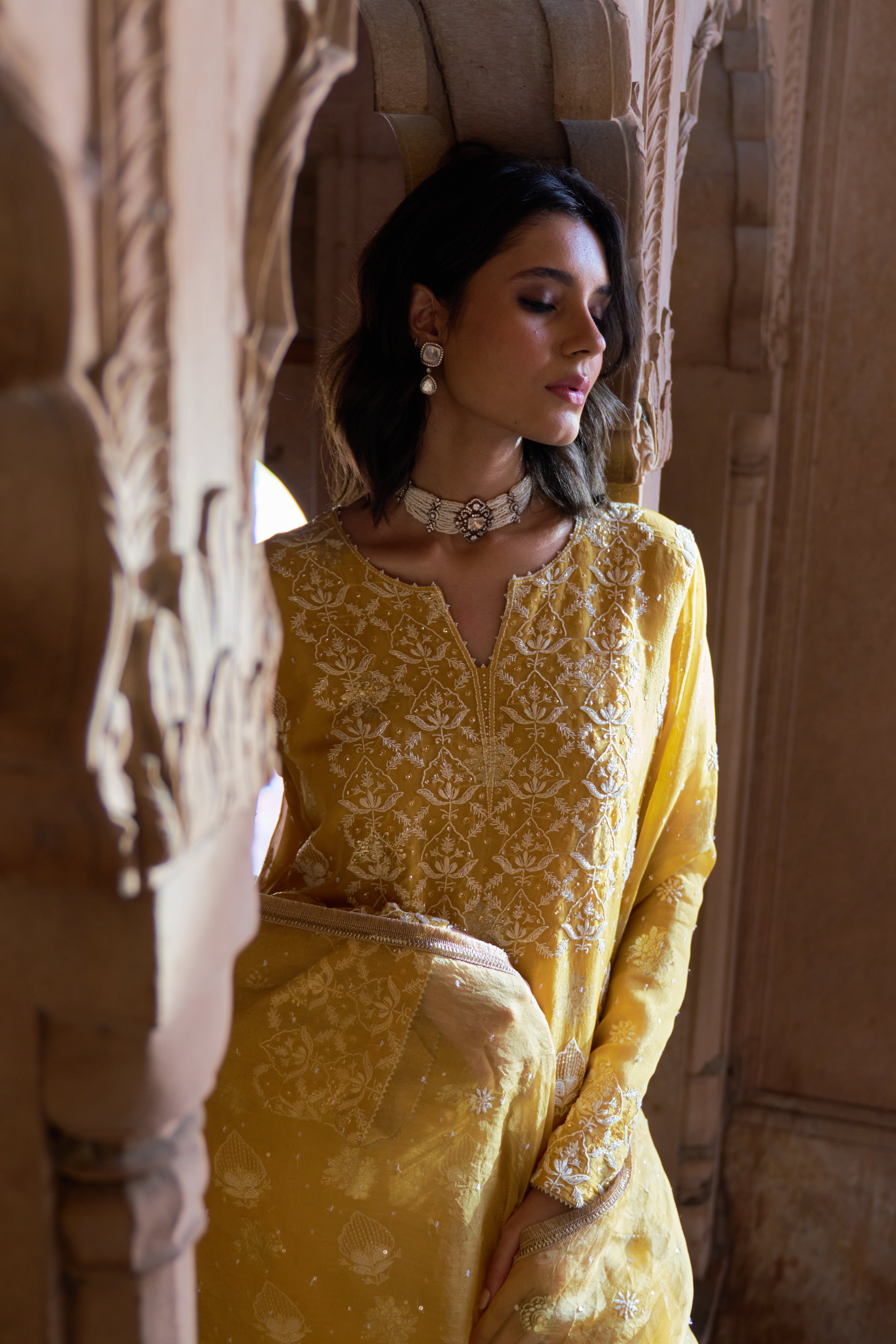 Yellow Organza Chikankari Kurta Set