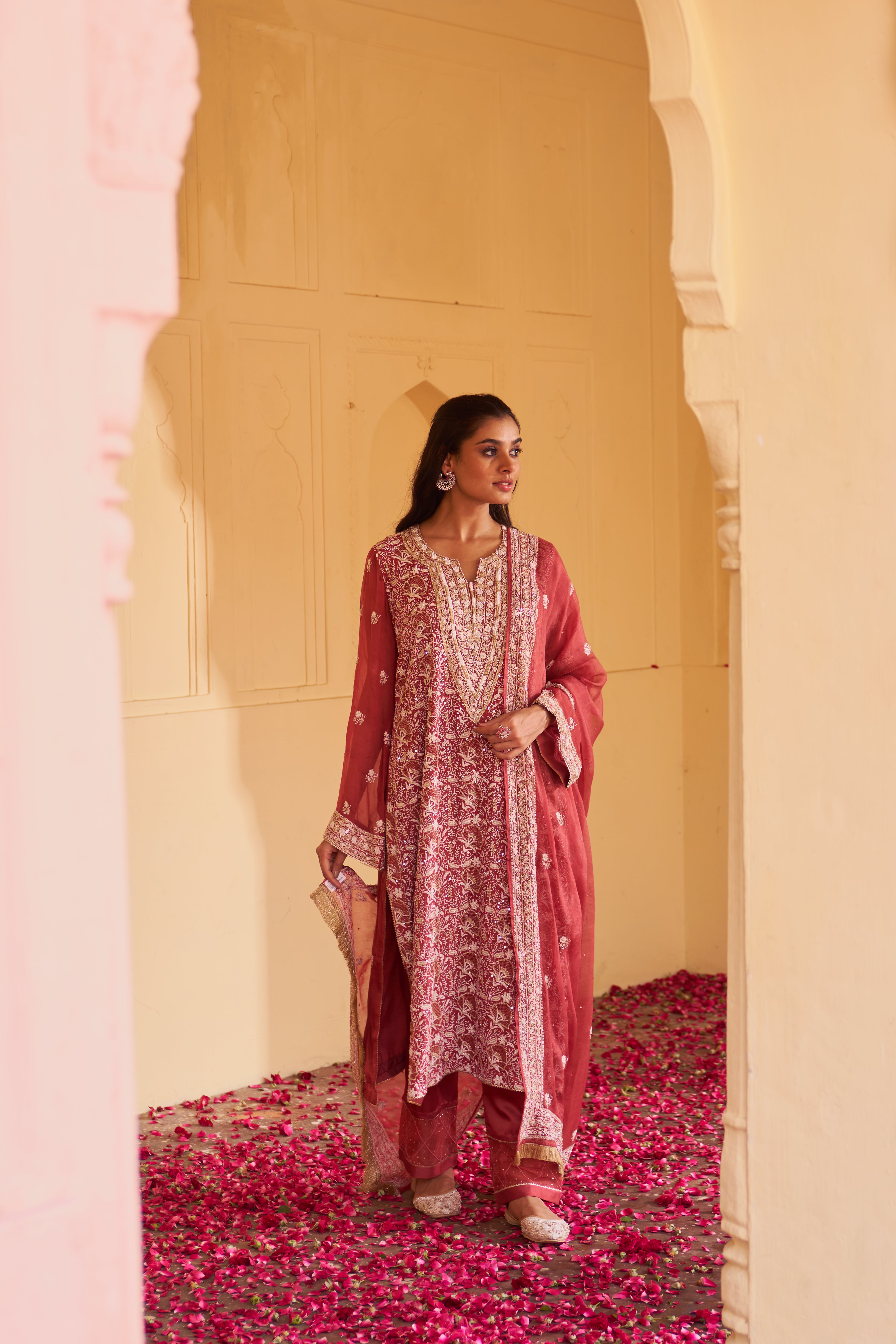 Rust Organza Chikankari Kurta Set