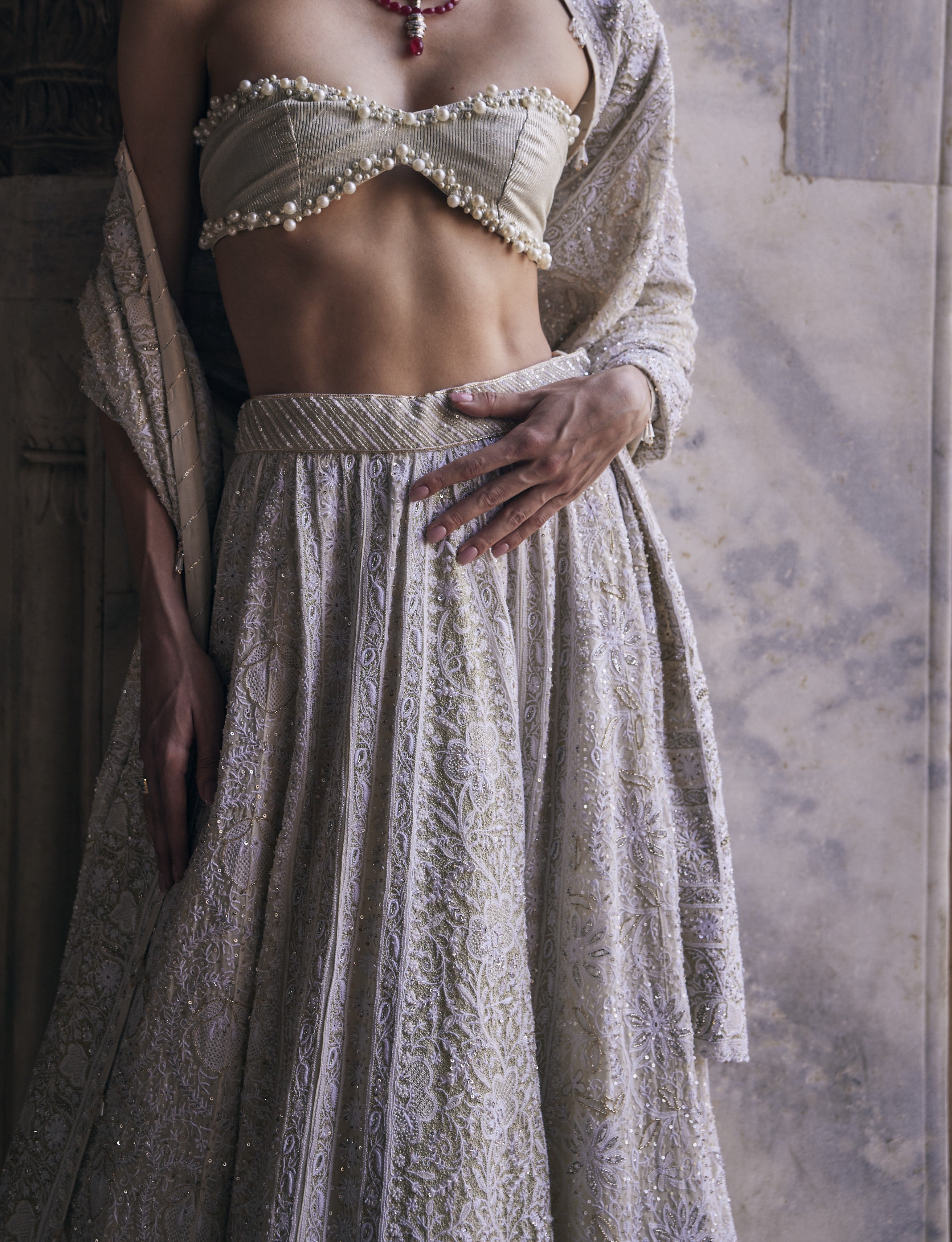 Inayat Lehenga Set - Sage Green Georgette Chikankari Floral Lehenga Set