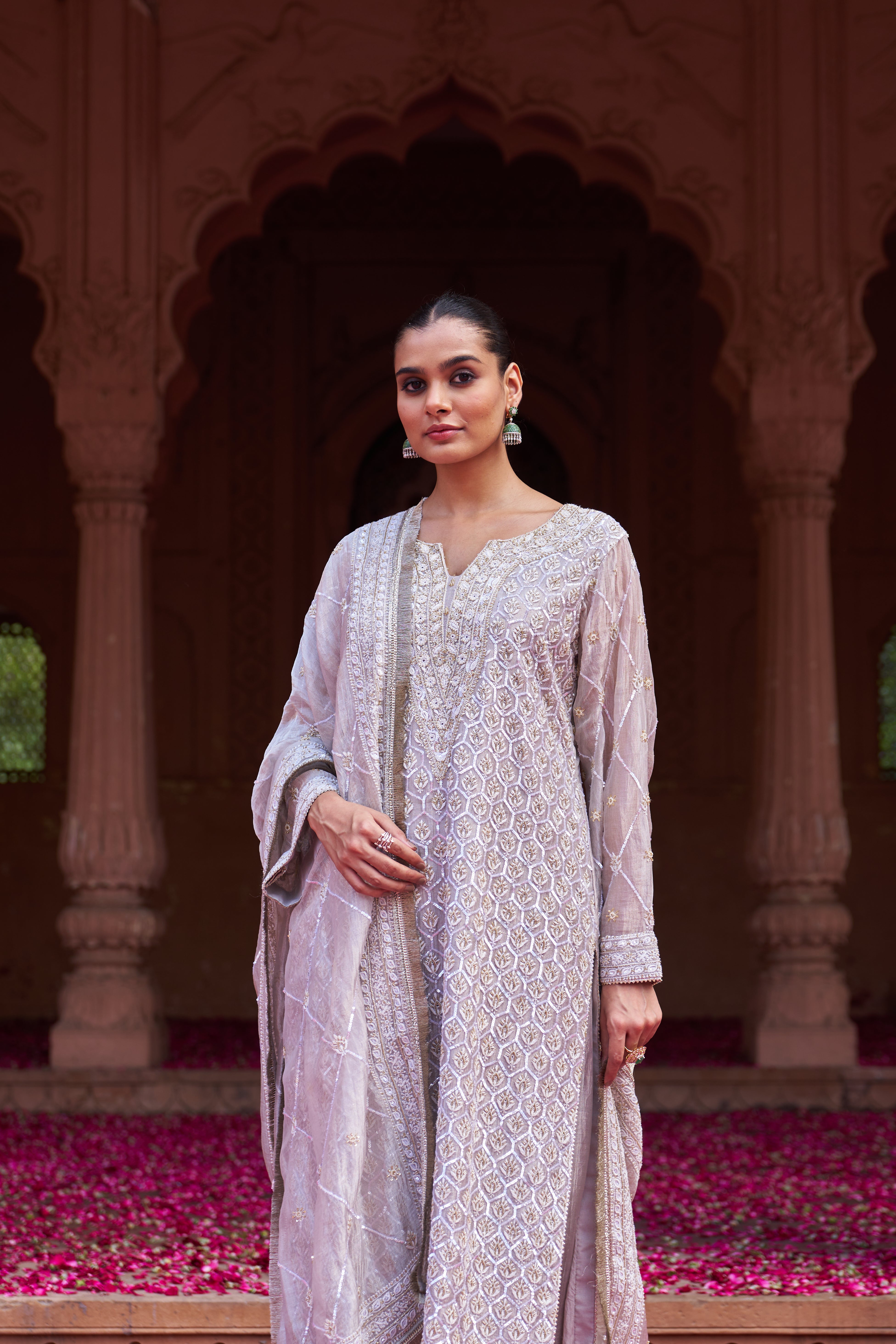 Silver Tissue Chikankari Kurta Set