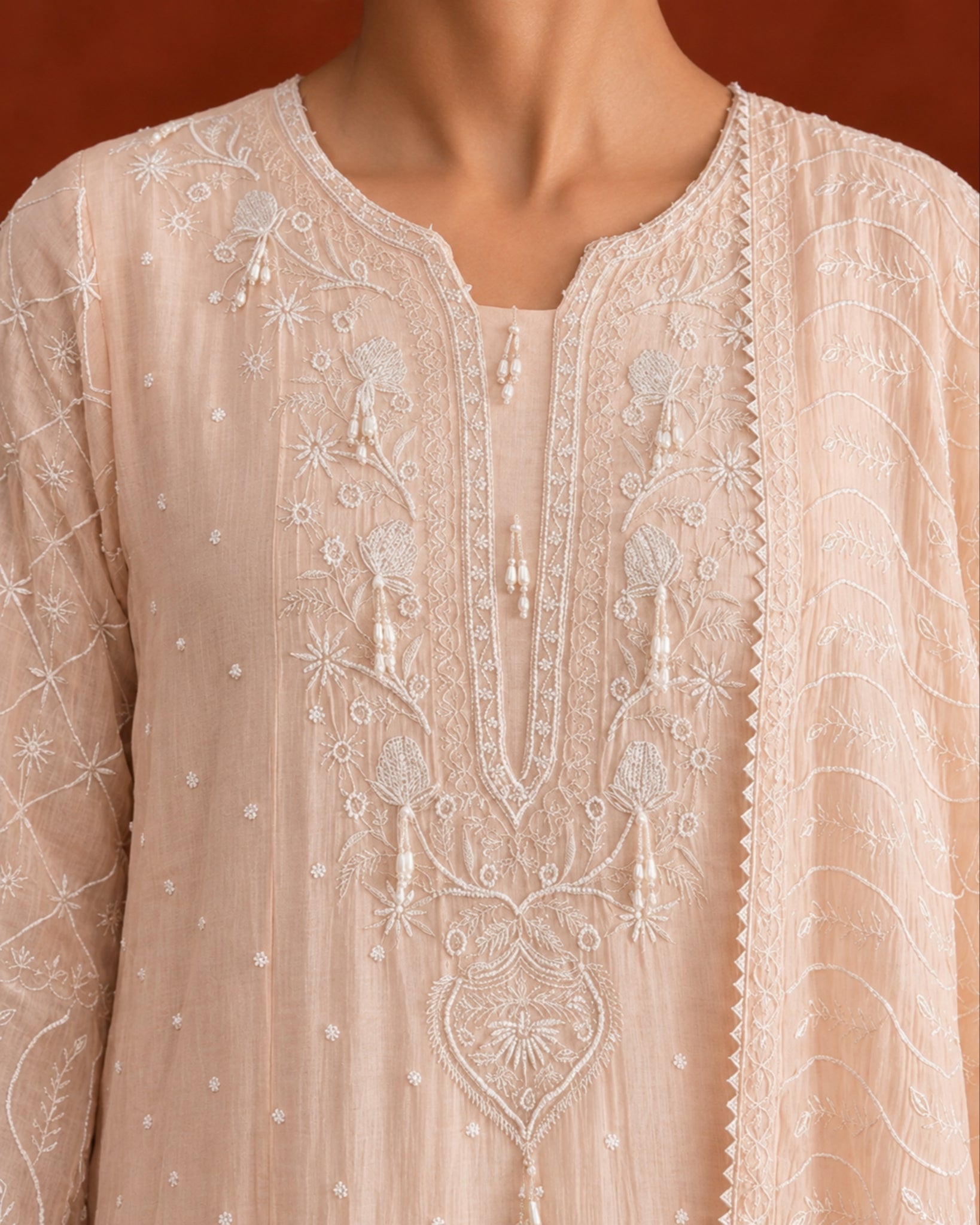 Peach Mul Chanderi Chikankari Anarkali Set