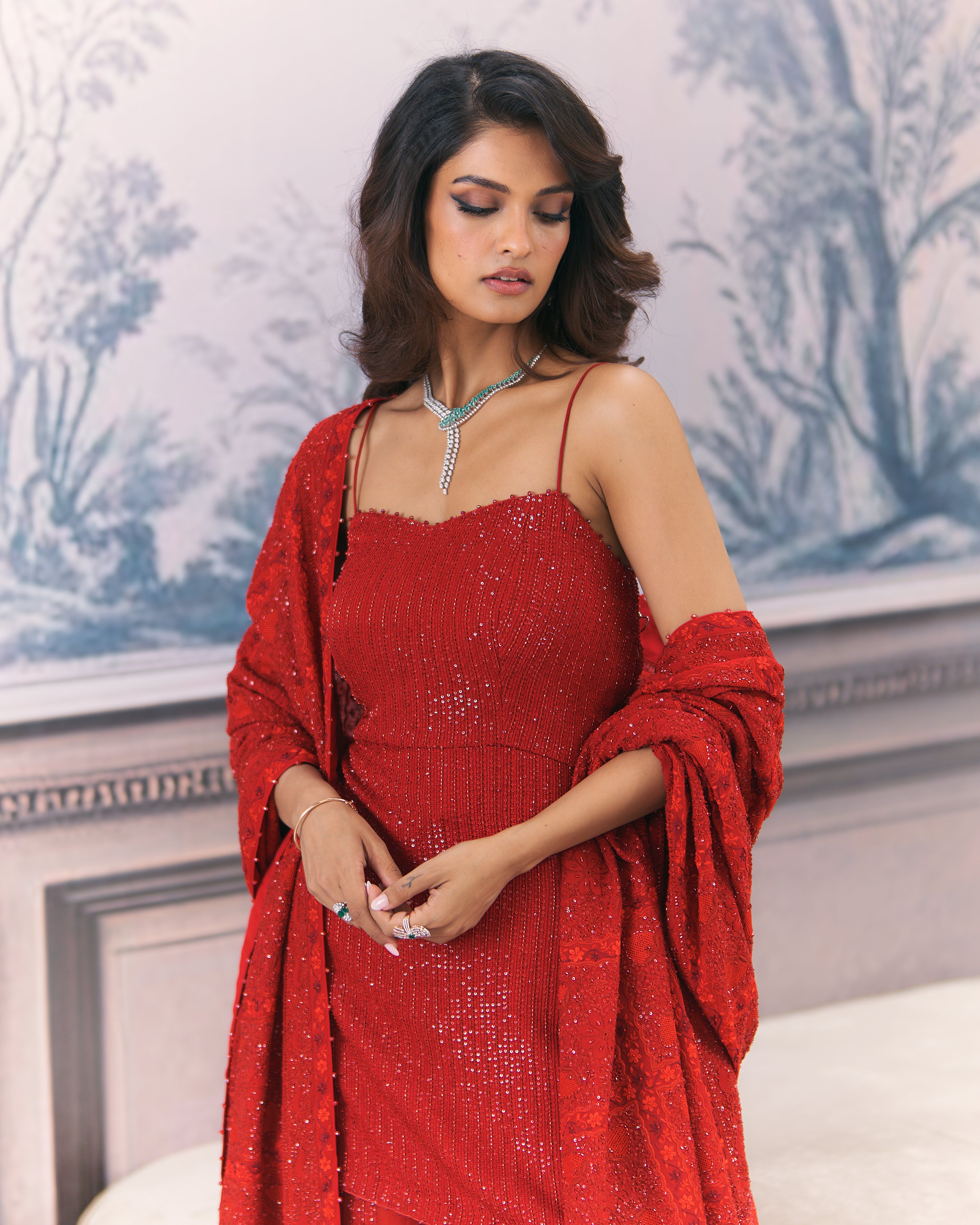 Crimson red sharara and statament heavy dupatta set