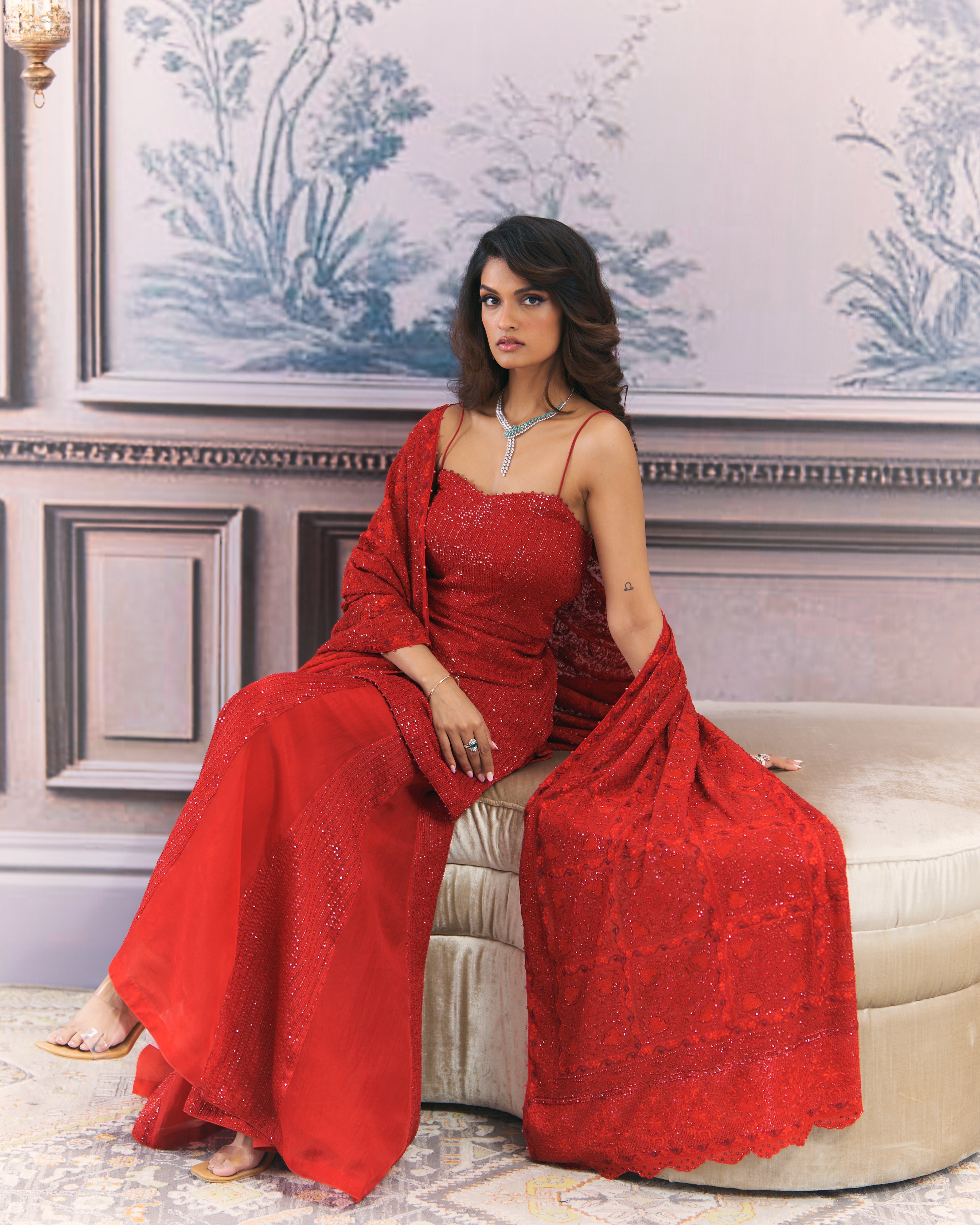 Crimson red sharara and statament heavy dupatta set