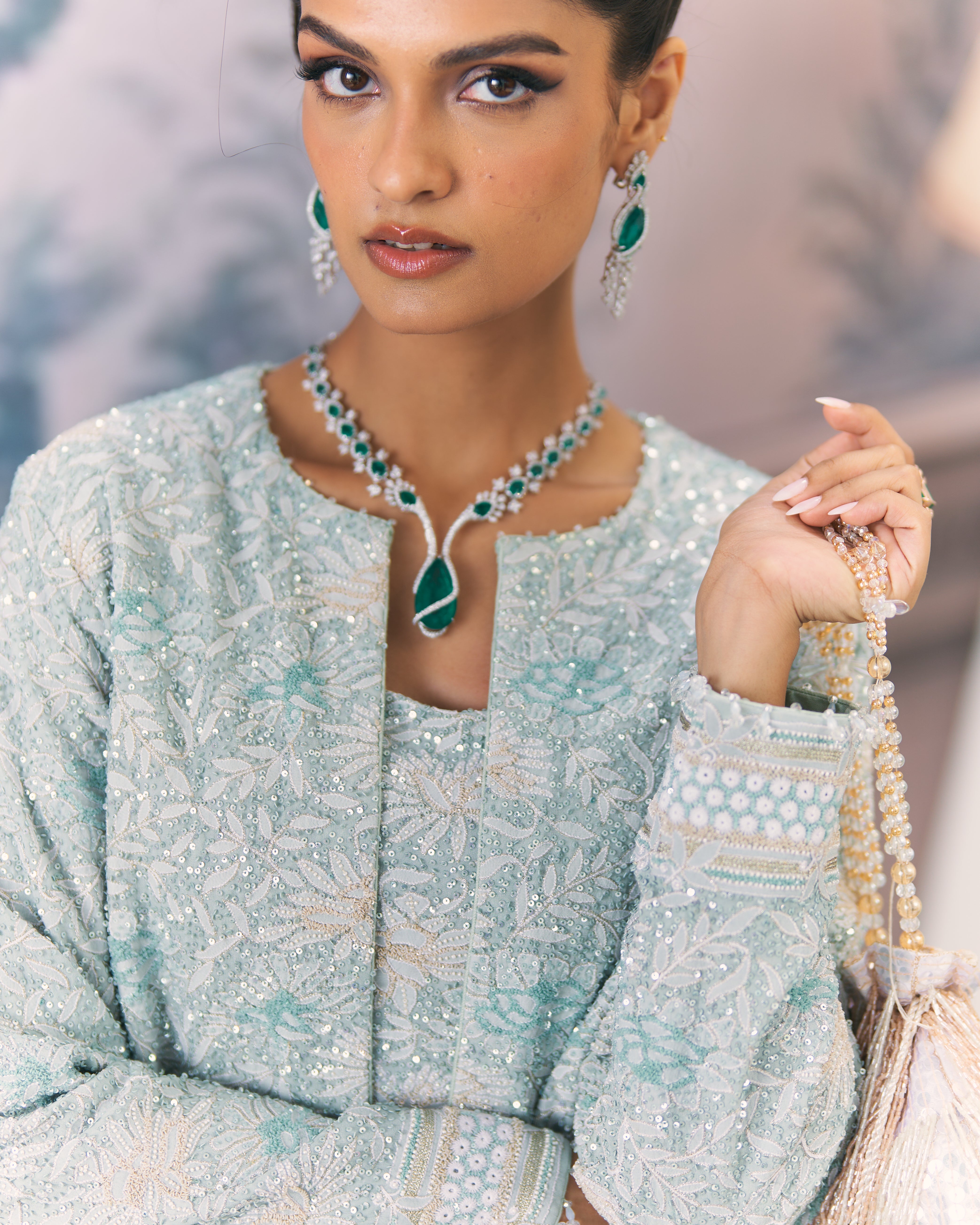 Emerald Chikankari Gilet set with embroidered bustier