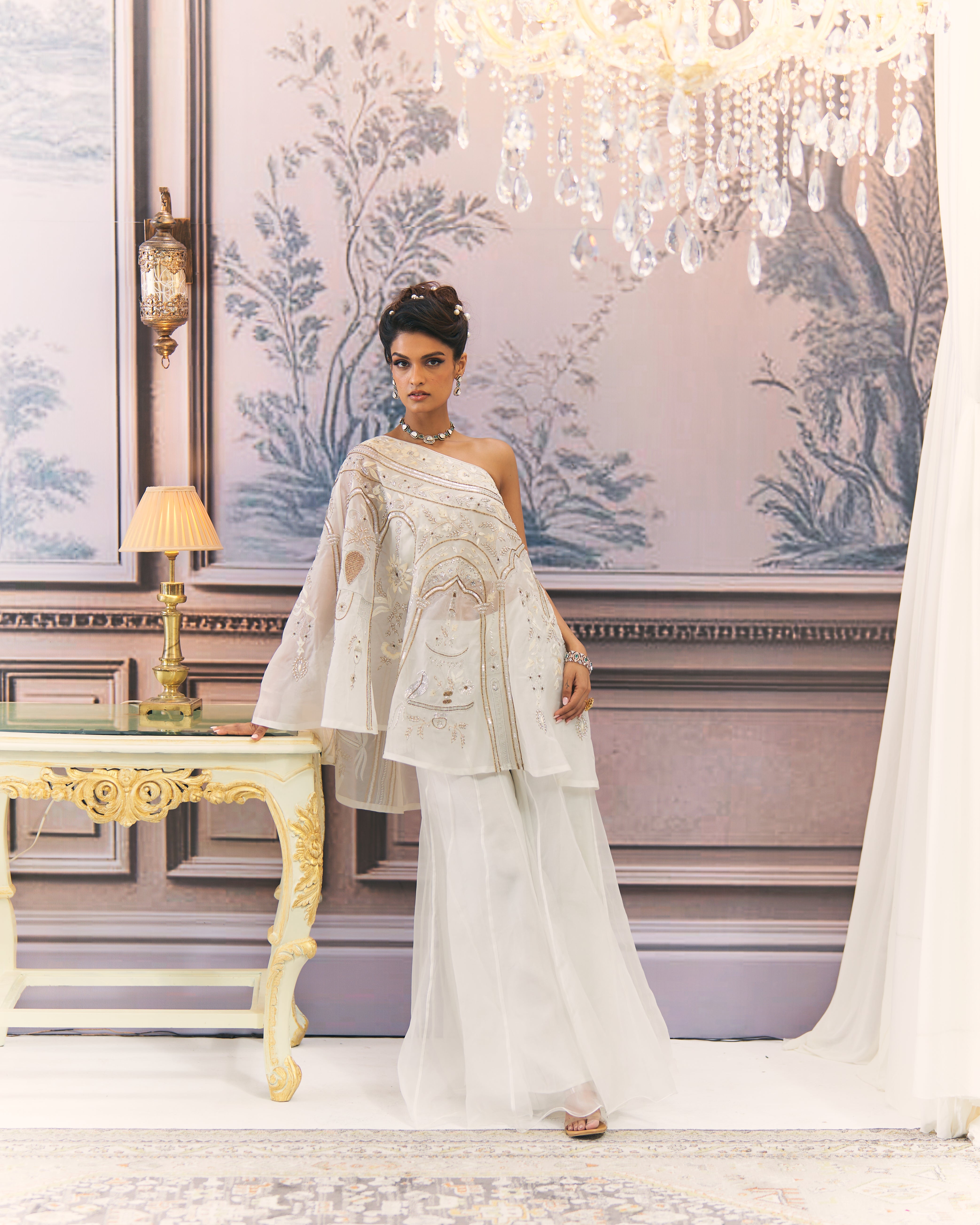 One-Shoulder Gold and White Chikankari Sharara Set