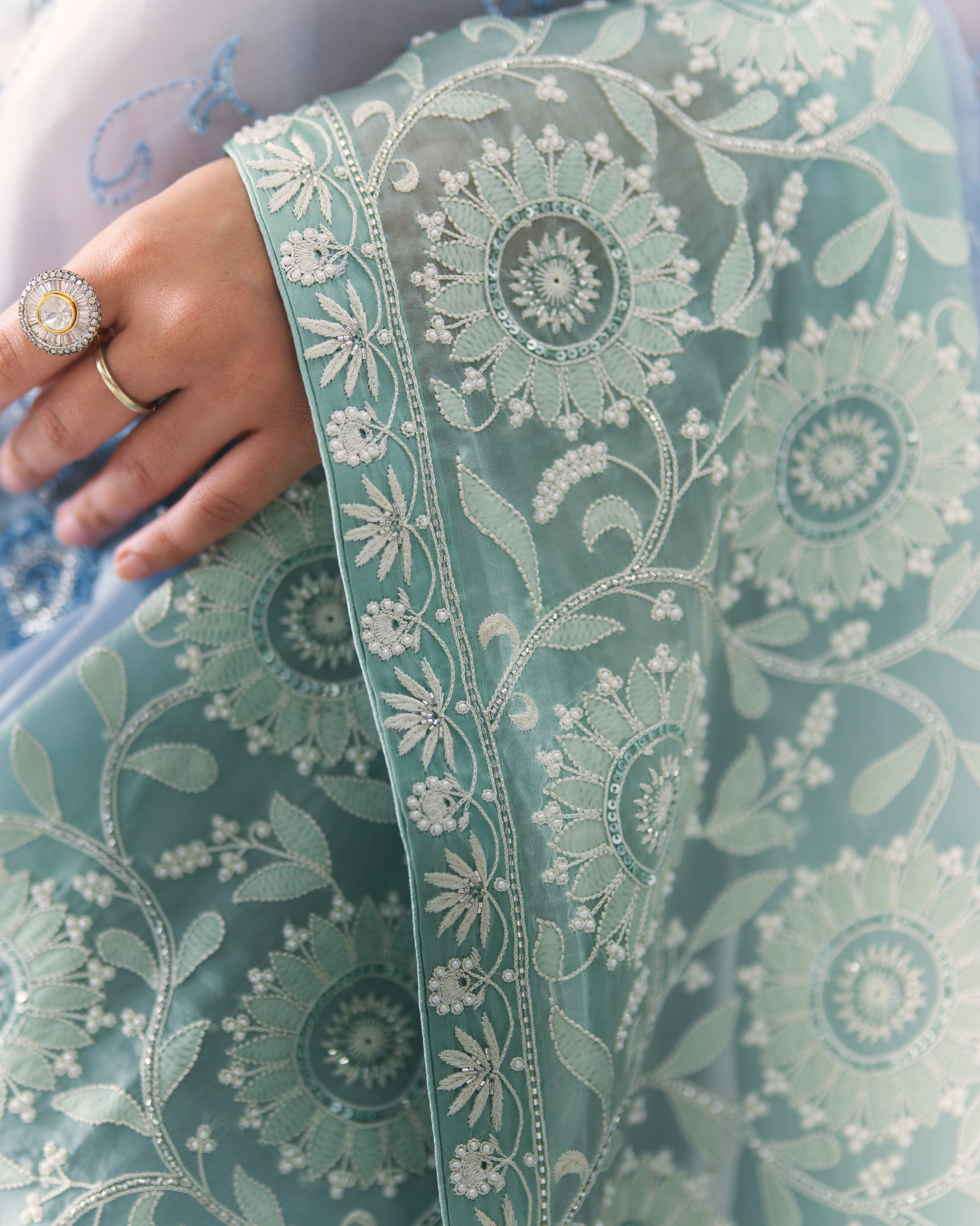 Aqua Organza Chikankari Saree