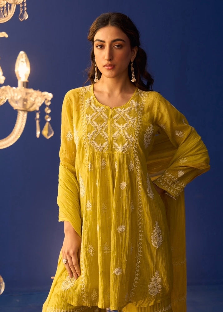 Lime Green Mul Chanderi Chikankari Sharara Set