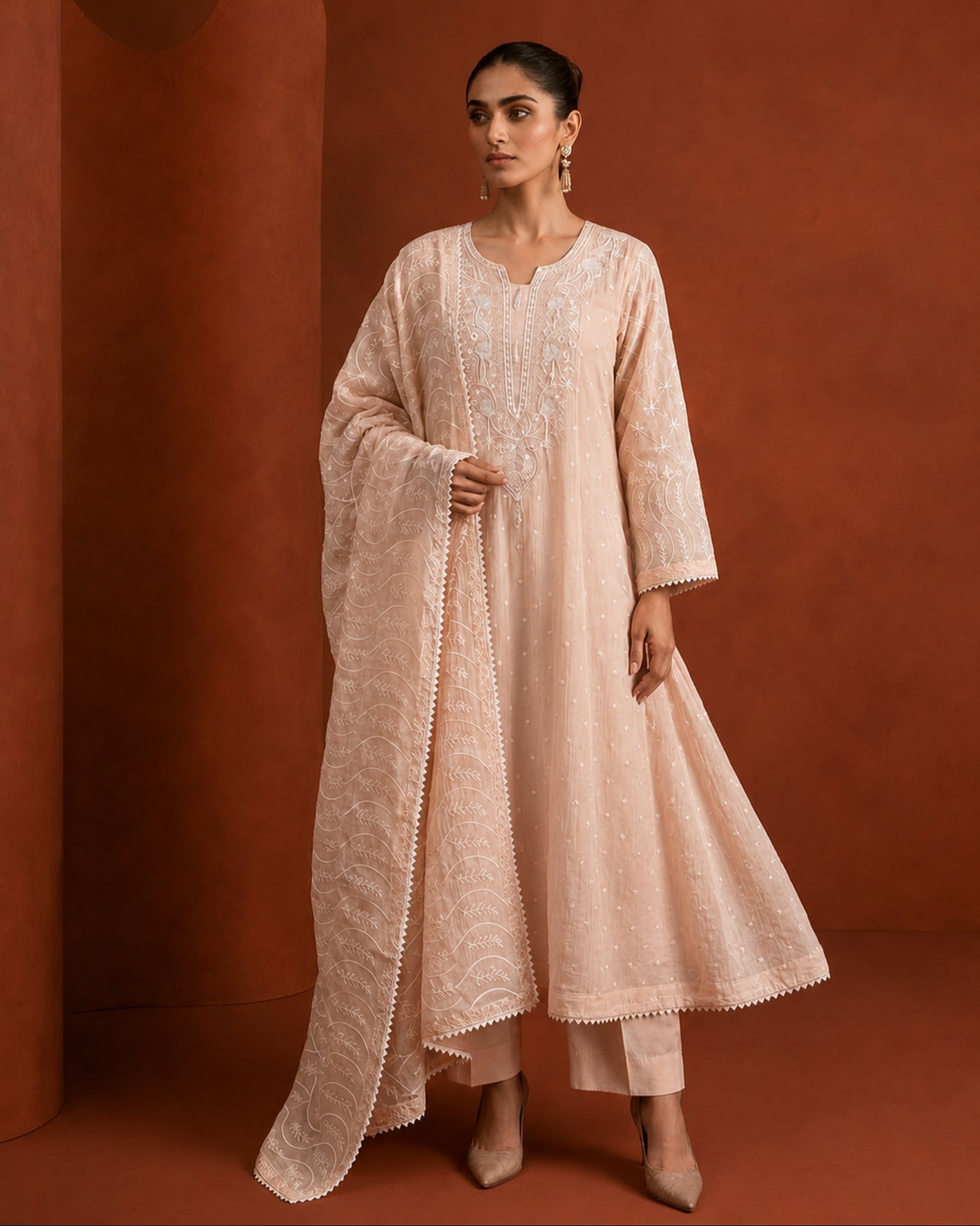 Peach Mul Chanderi Chikankari Anarkali Set