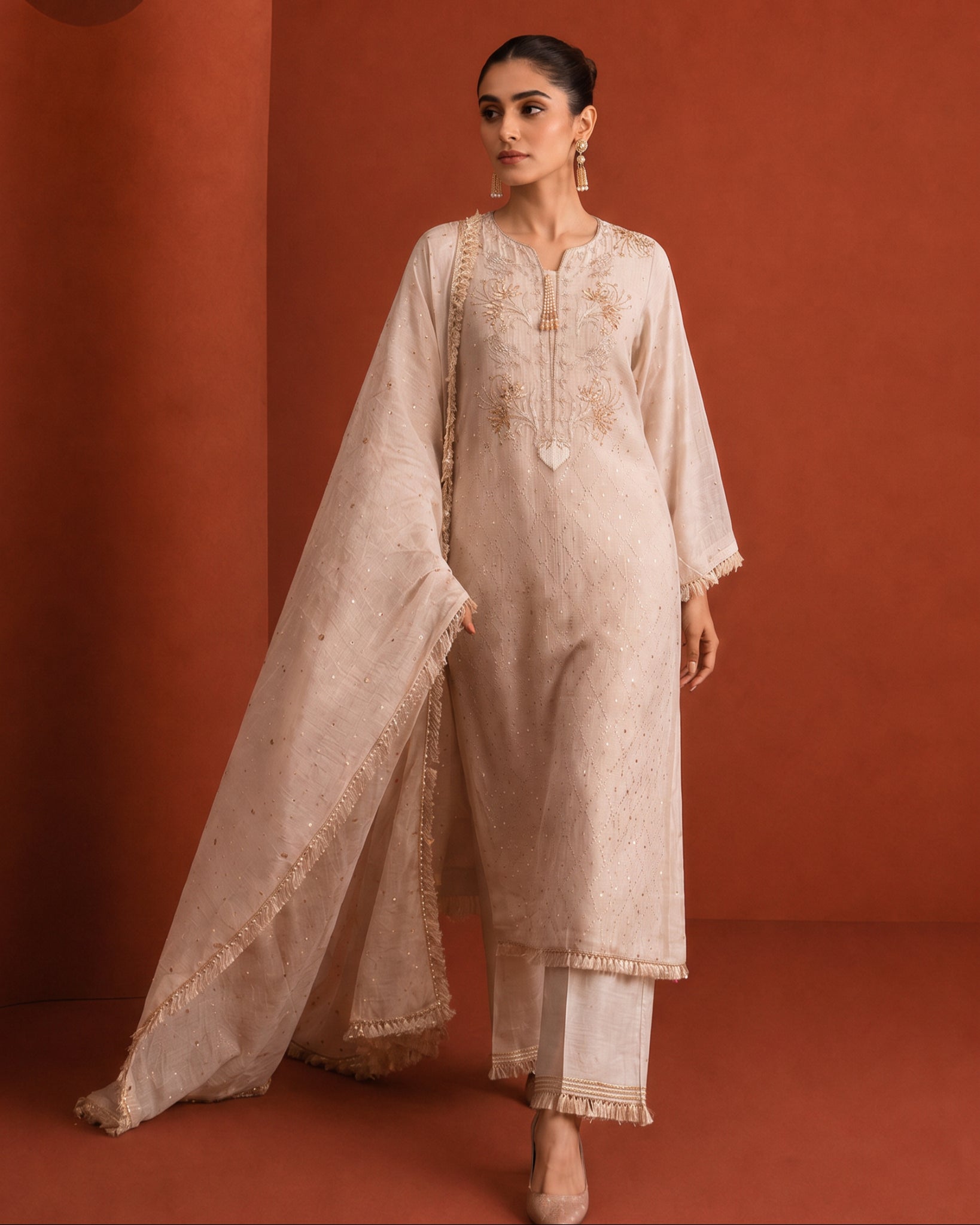 Beige Golden tissue Mukaish and Kamdani kurta