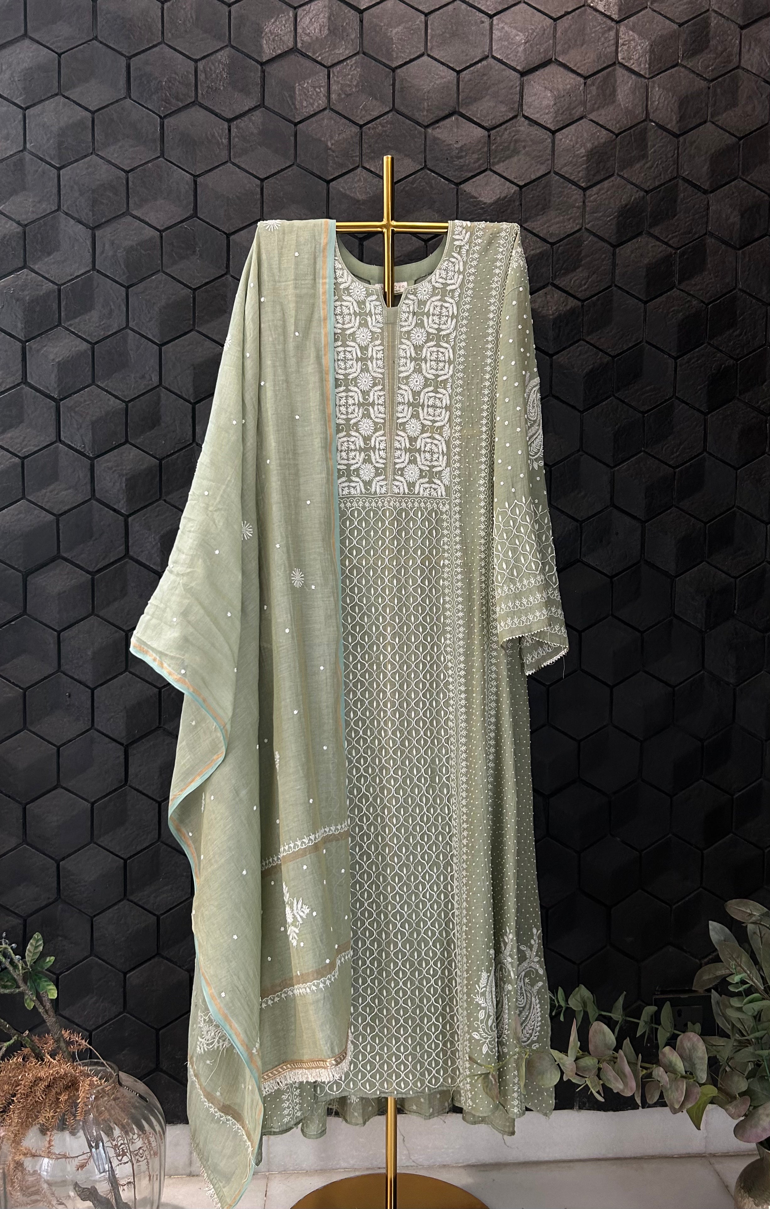 Sage Green Silver Tissue Chikankari Anarkali Set