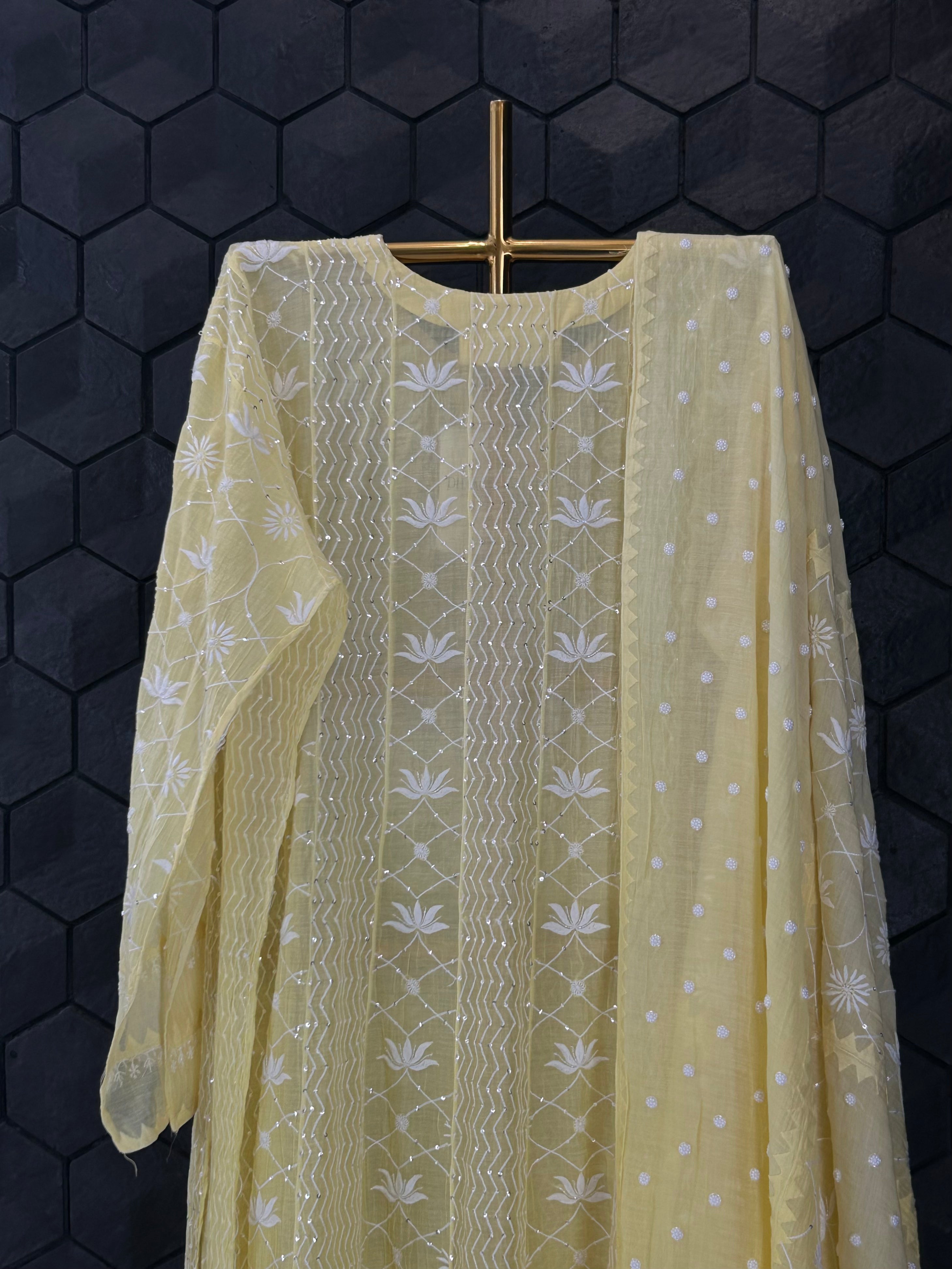 Lime Green Mul Chanderi Chikankari Anarkali Set