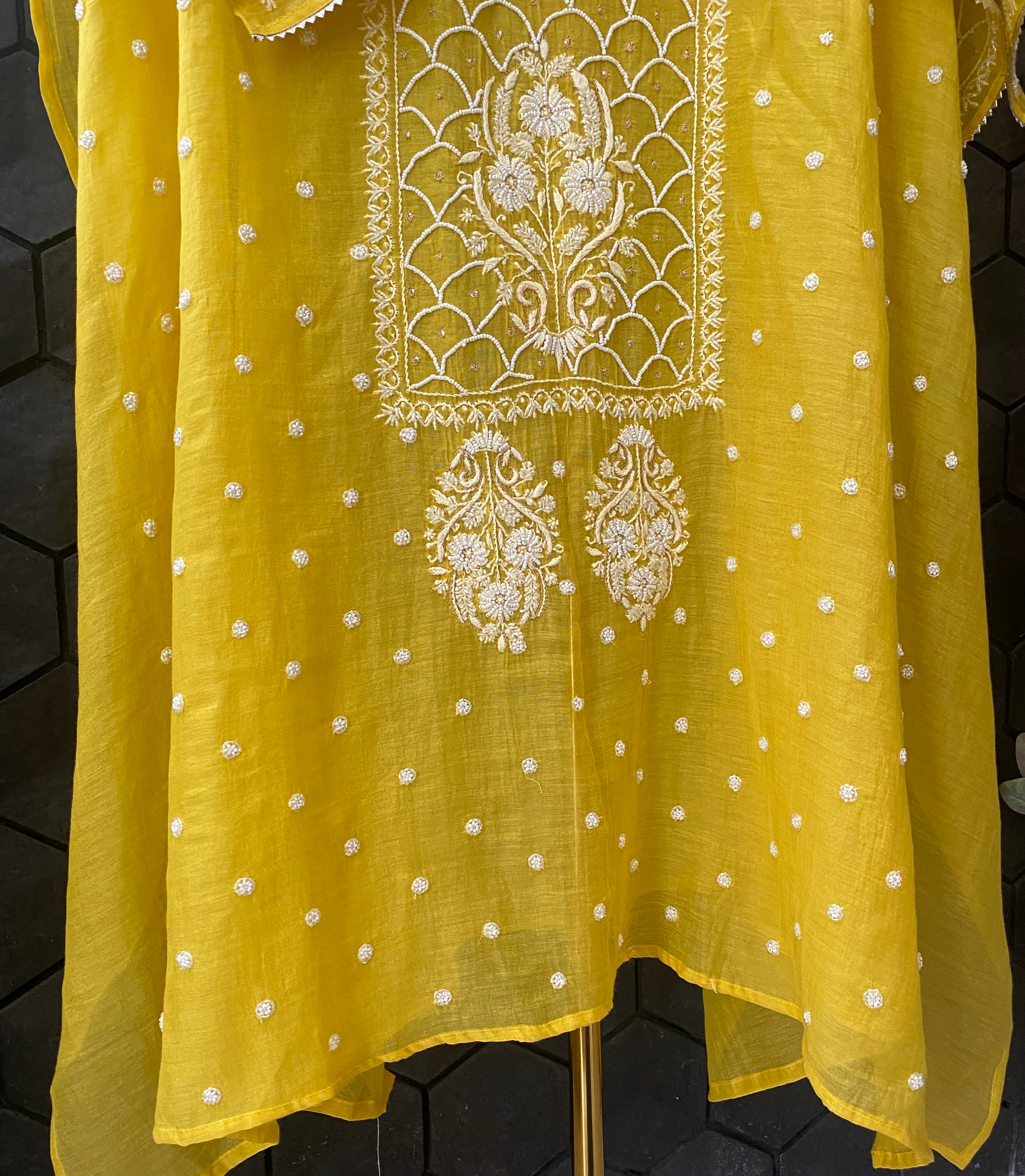 Yellow Tissue Chikankari Kurta Set