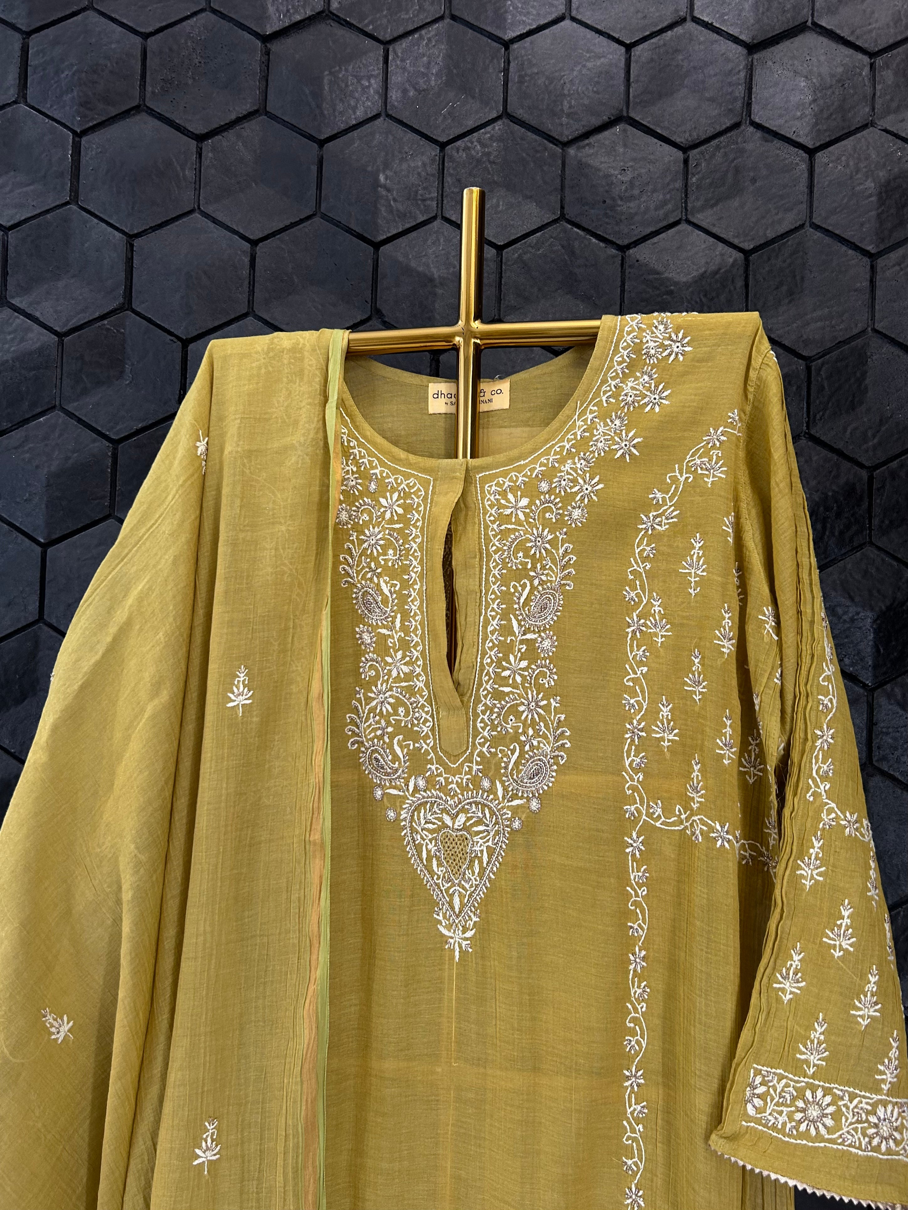 Lime Green Zari Tissue Chikankari Kurta Set