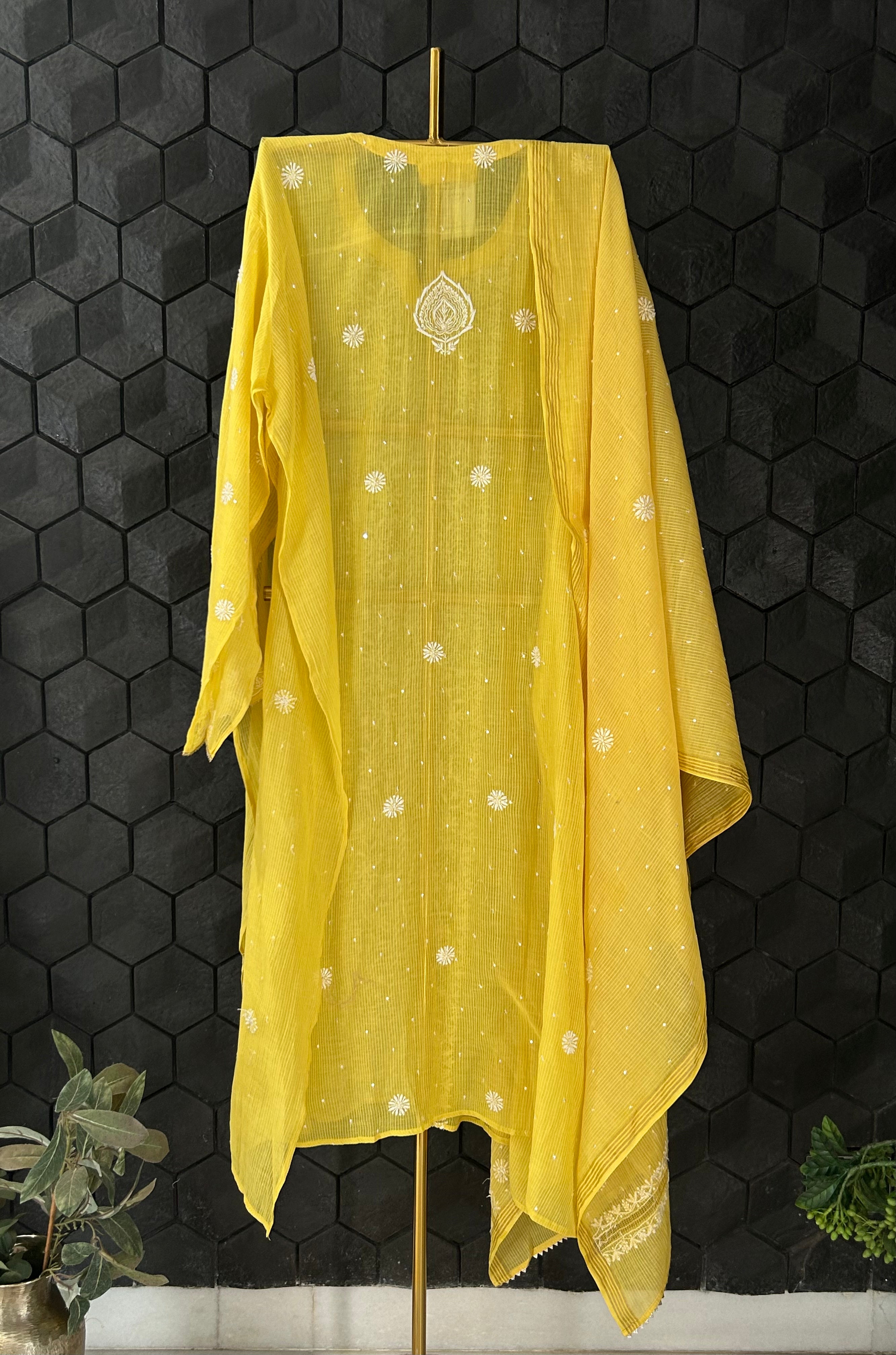 Yellow Maheshwari Chikankari kurta set