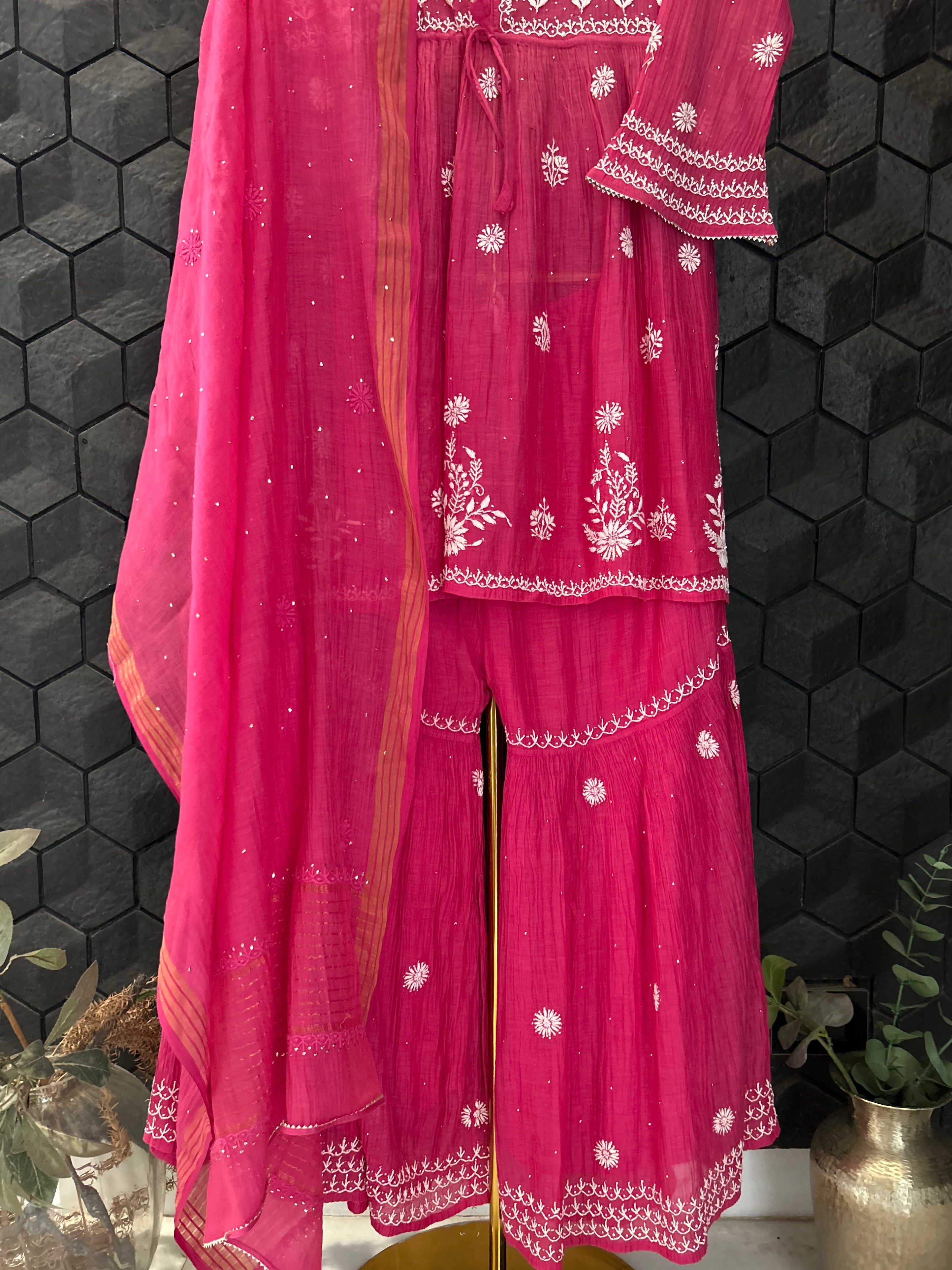 Magenta Mul Chanderi Chikankari Garara Set