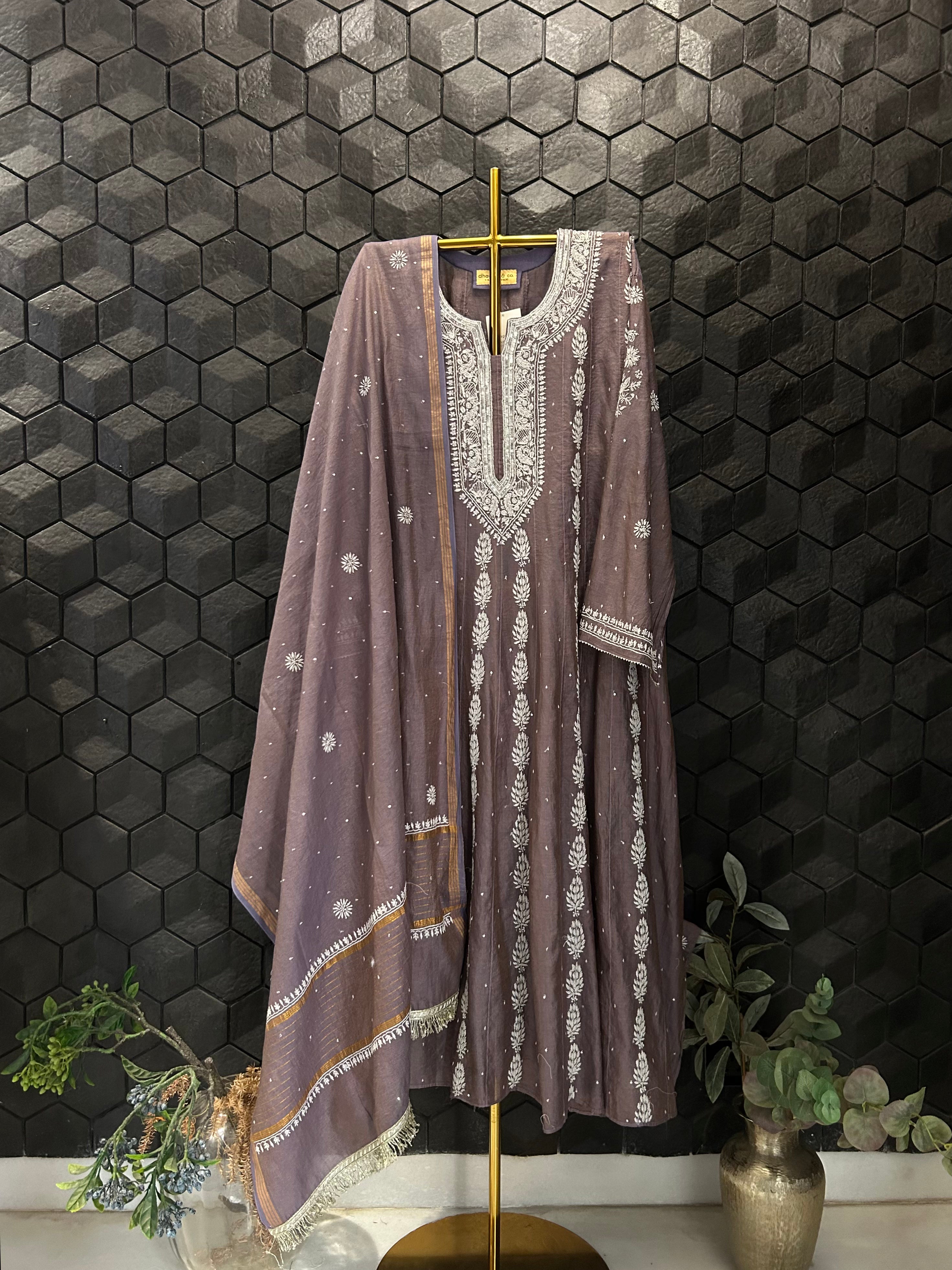 New Purple Tissue Chikankari Anarkali Set