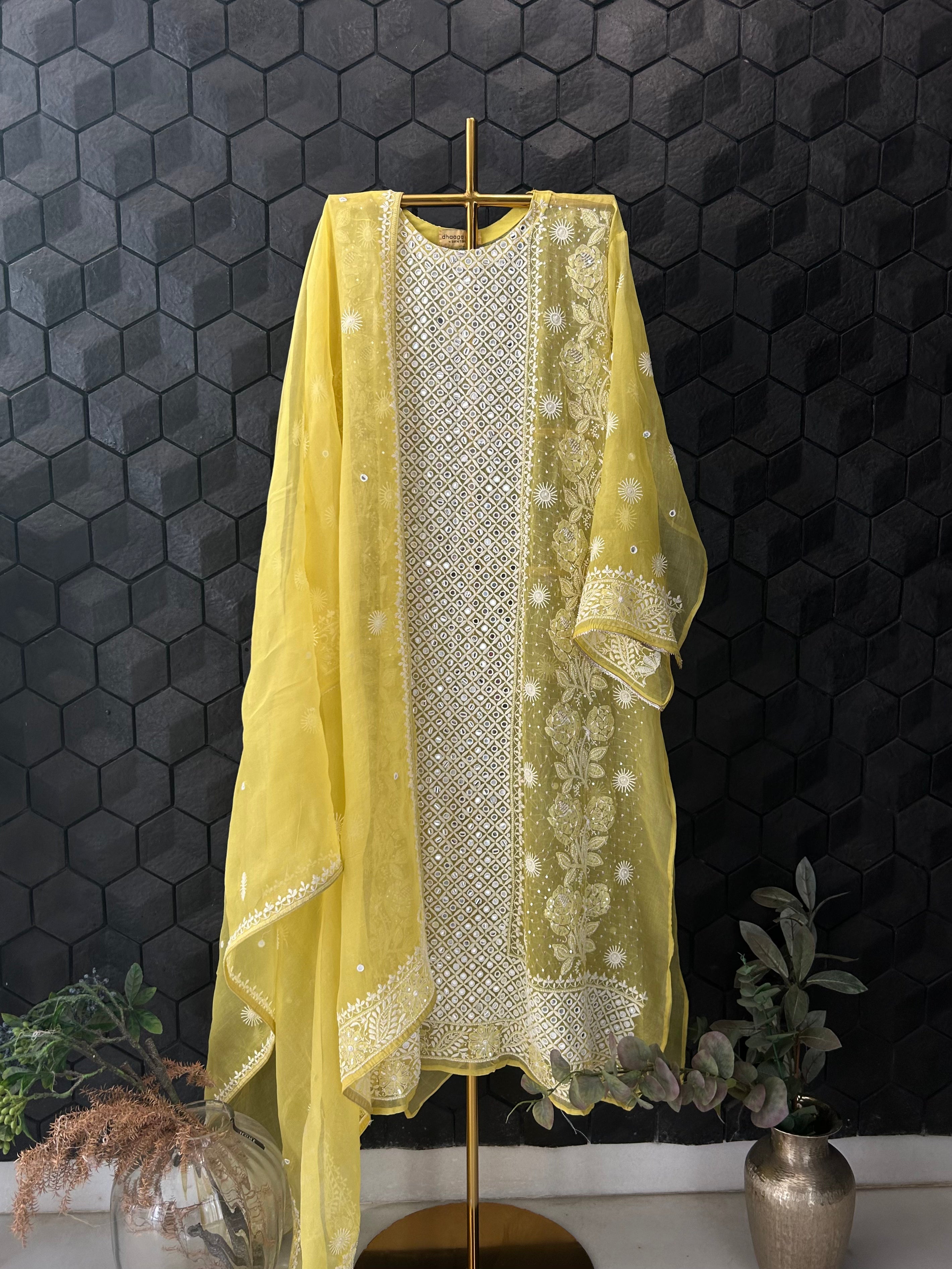 Yellow Organza Chikankari Kurta Set