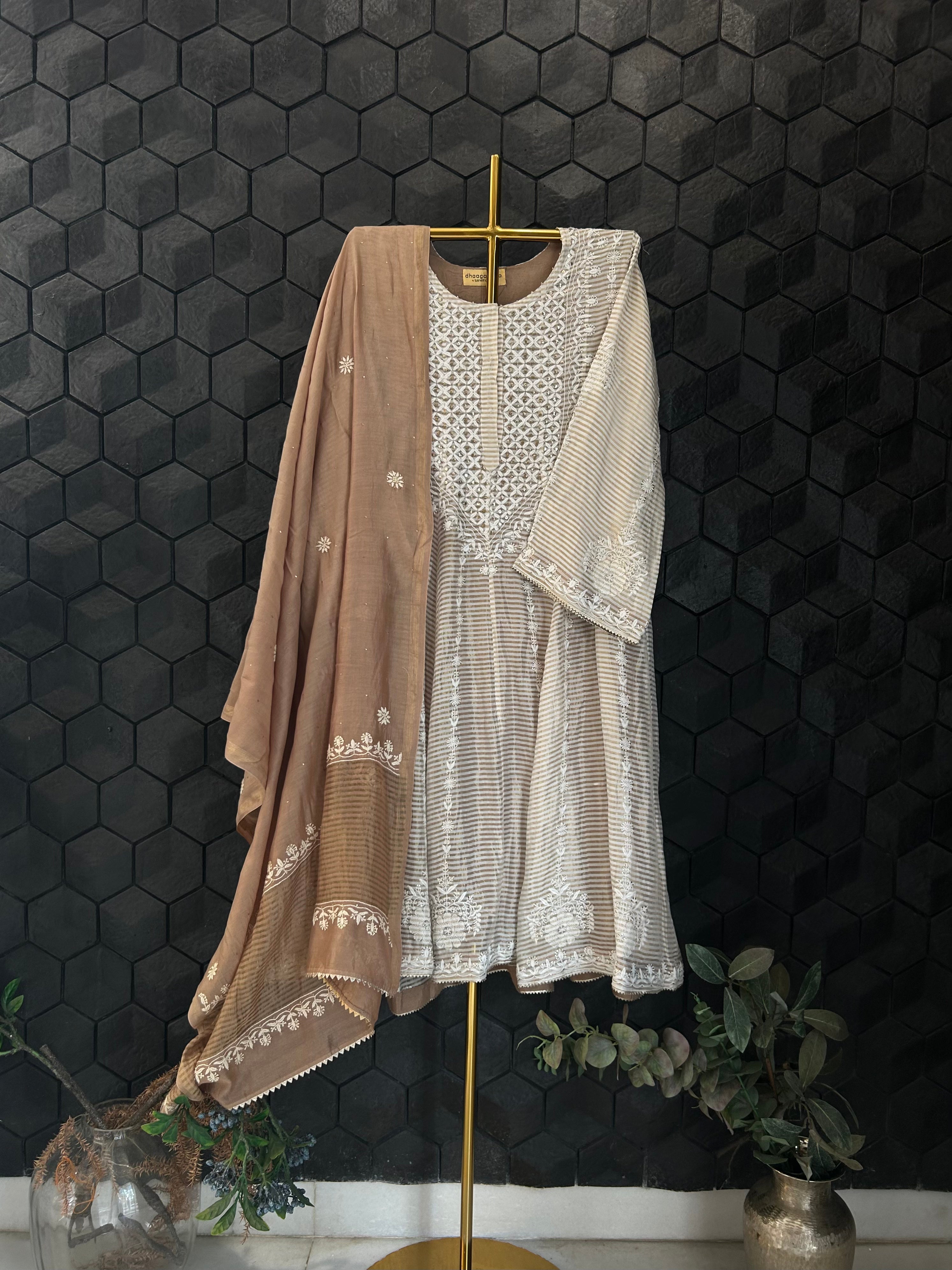 Beige Striped Tissue Chikankari Anarkali Set