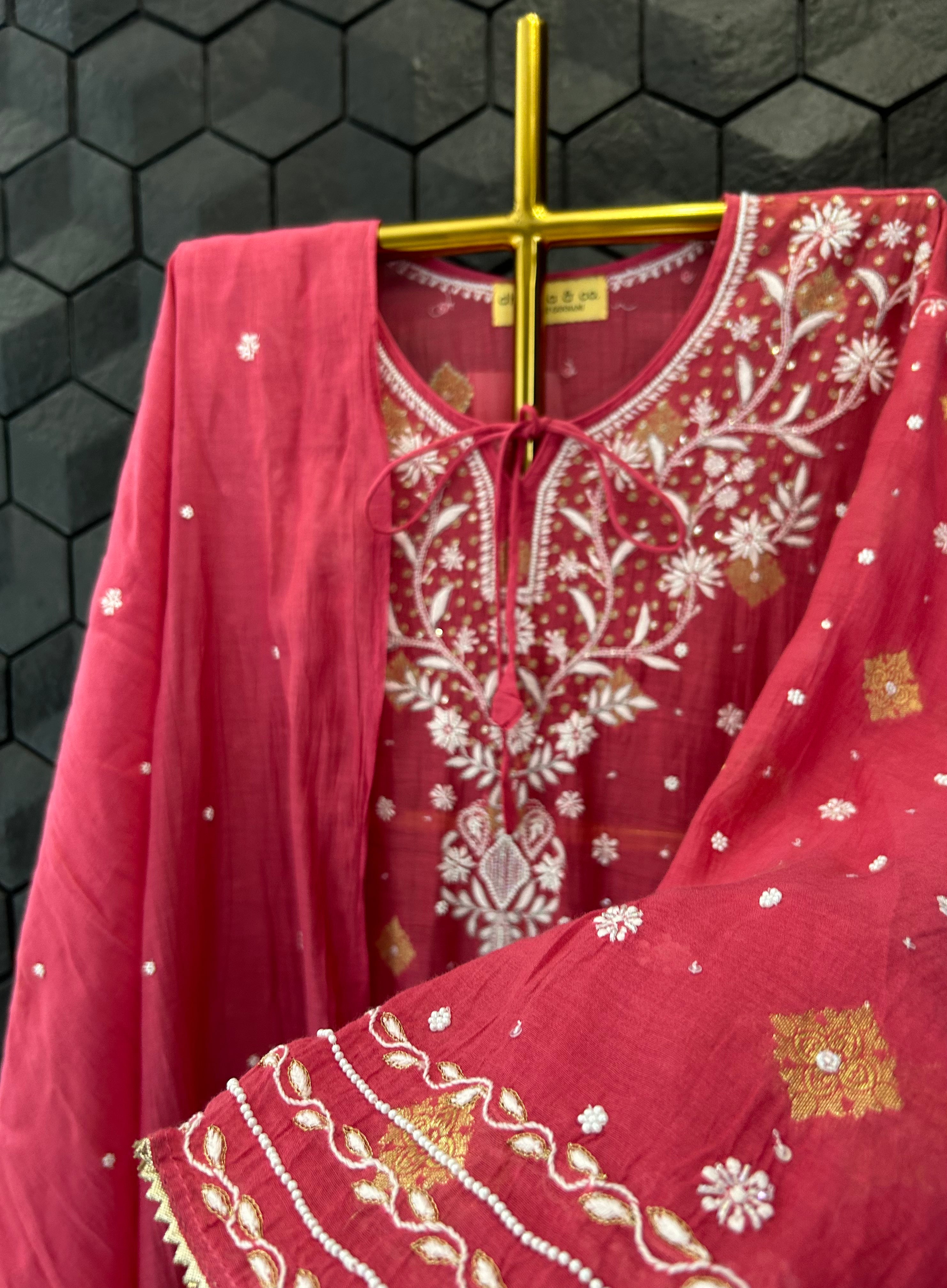 Magenta Mul Chanderi Chikankari Kurta Set