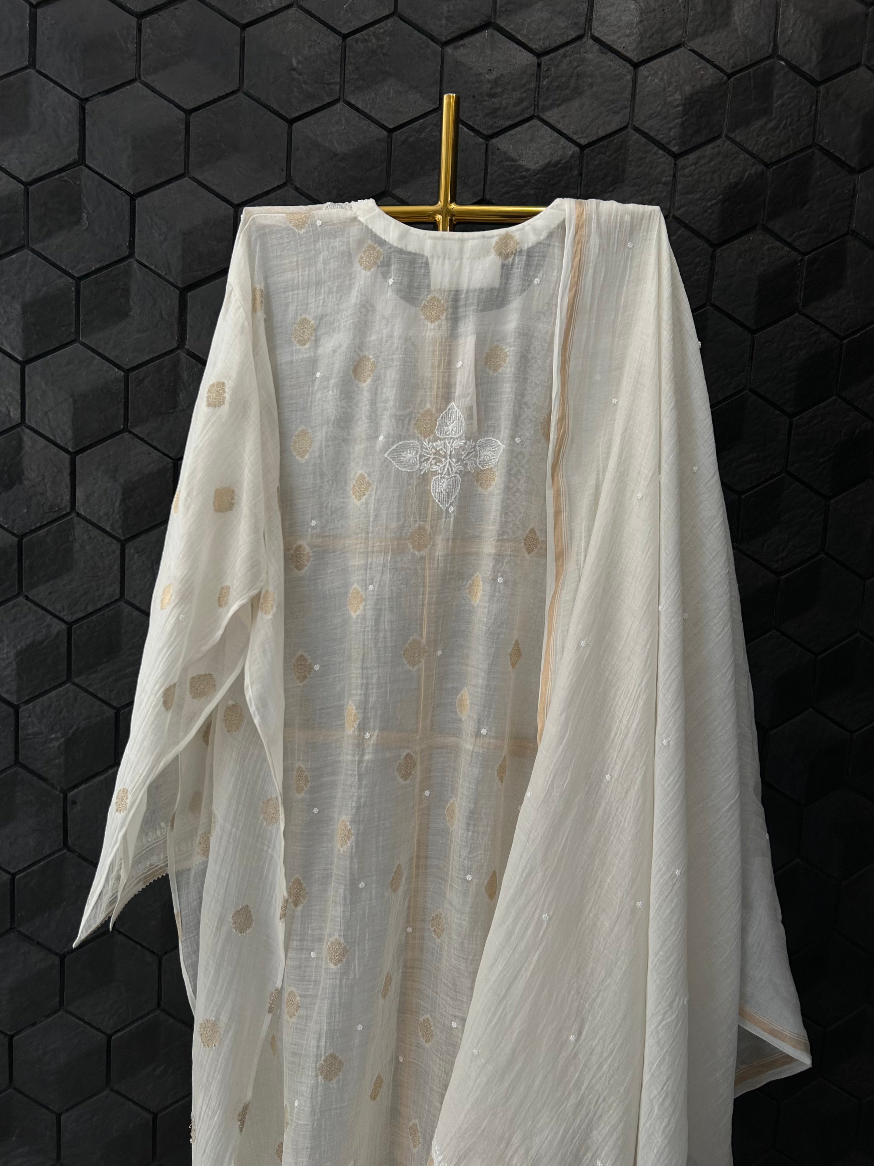 White Mul Chanderi Chikankari Kurta Set