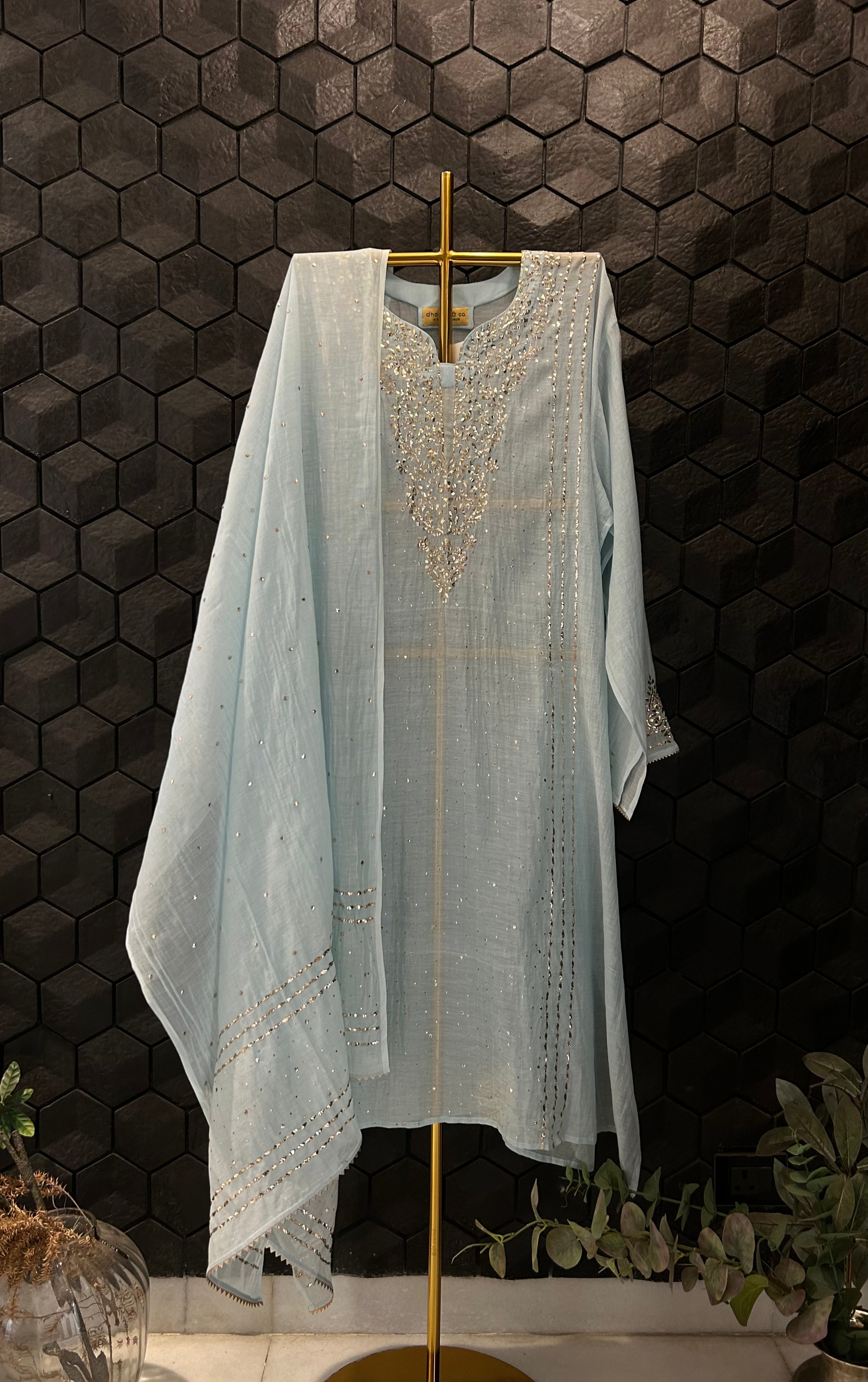 Sky Blue Mul Chanderi Mukaish Kurta Set