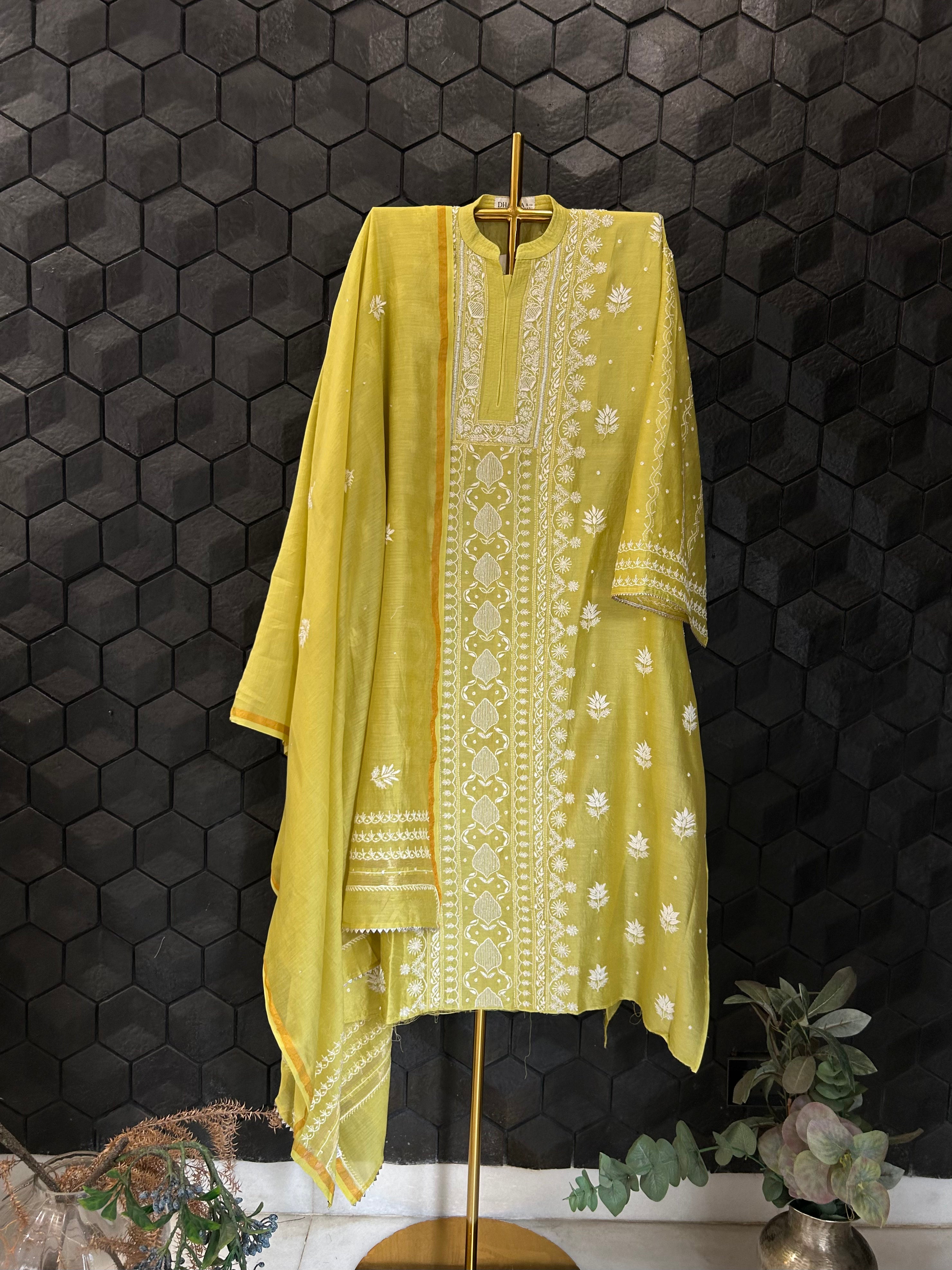 Lime Green Chanderi Silk Chikankari Kurta Set