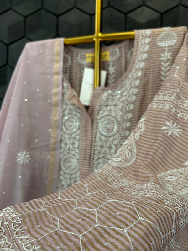 Onion Pink Striped Tissue Chikankari Anarkali Set
