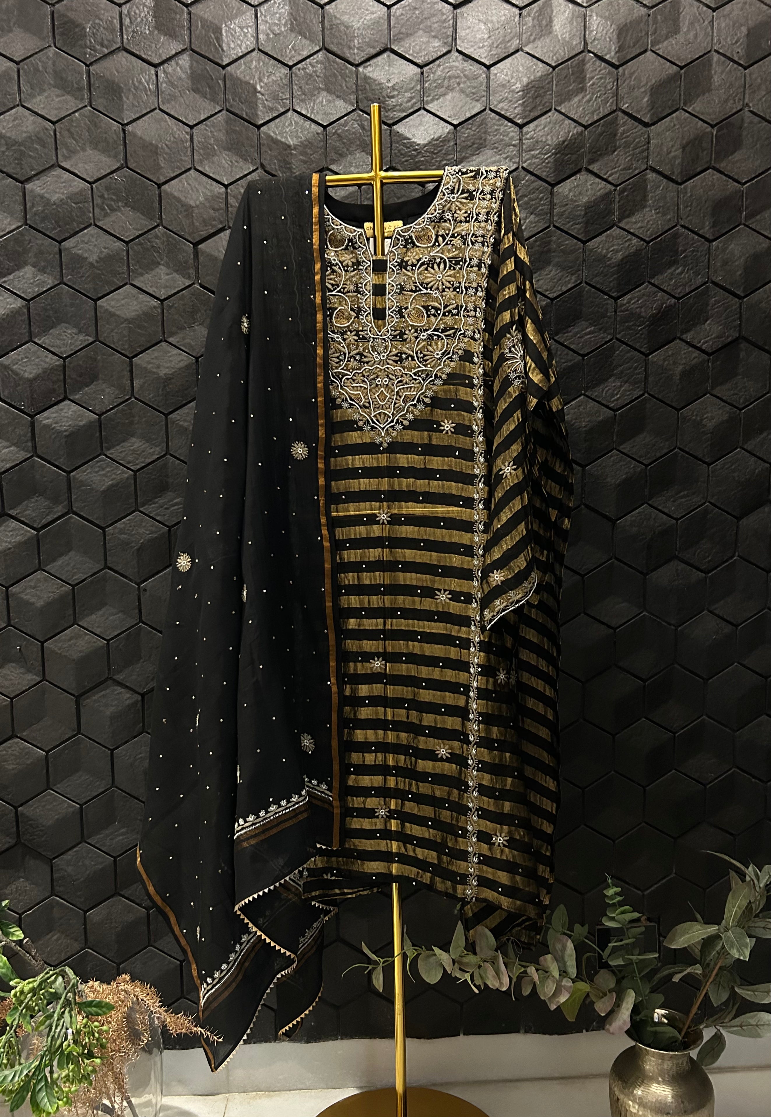 Black Stripe Tissue Chikankari Kurta Set