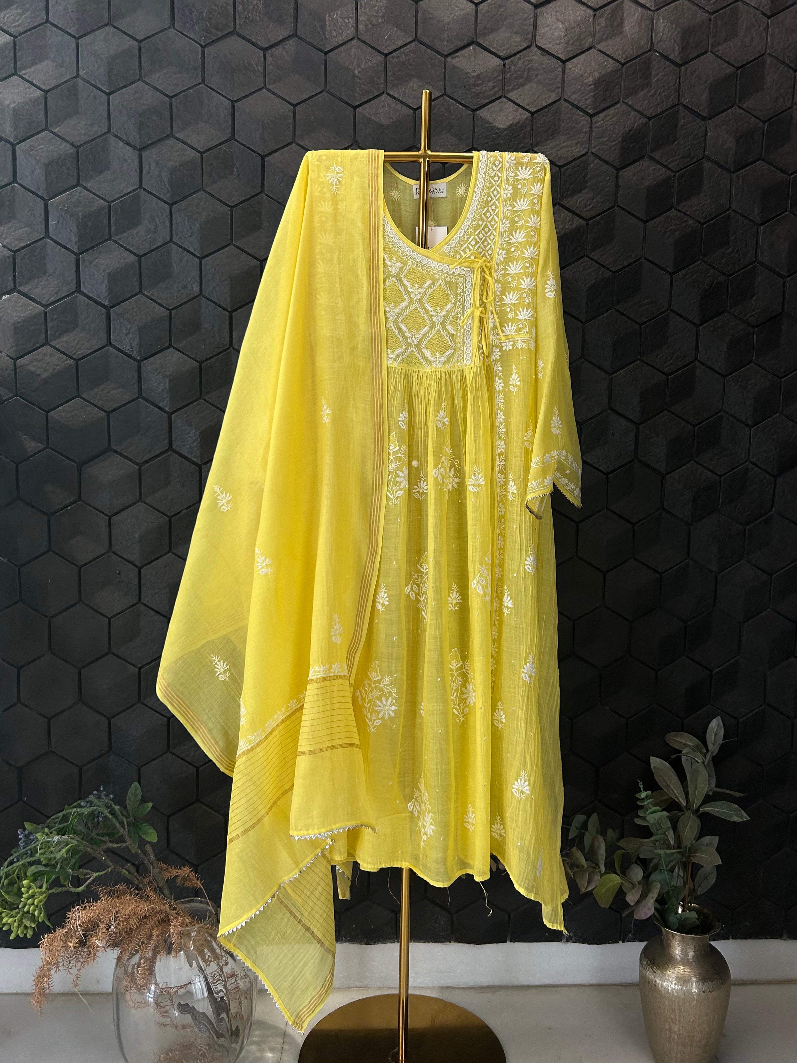 Yellow Mul Chanderi Chikankari Angarkha kurta Set