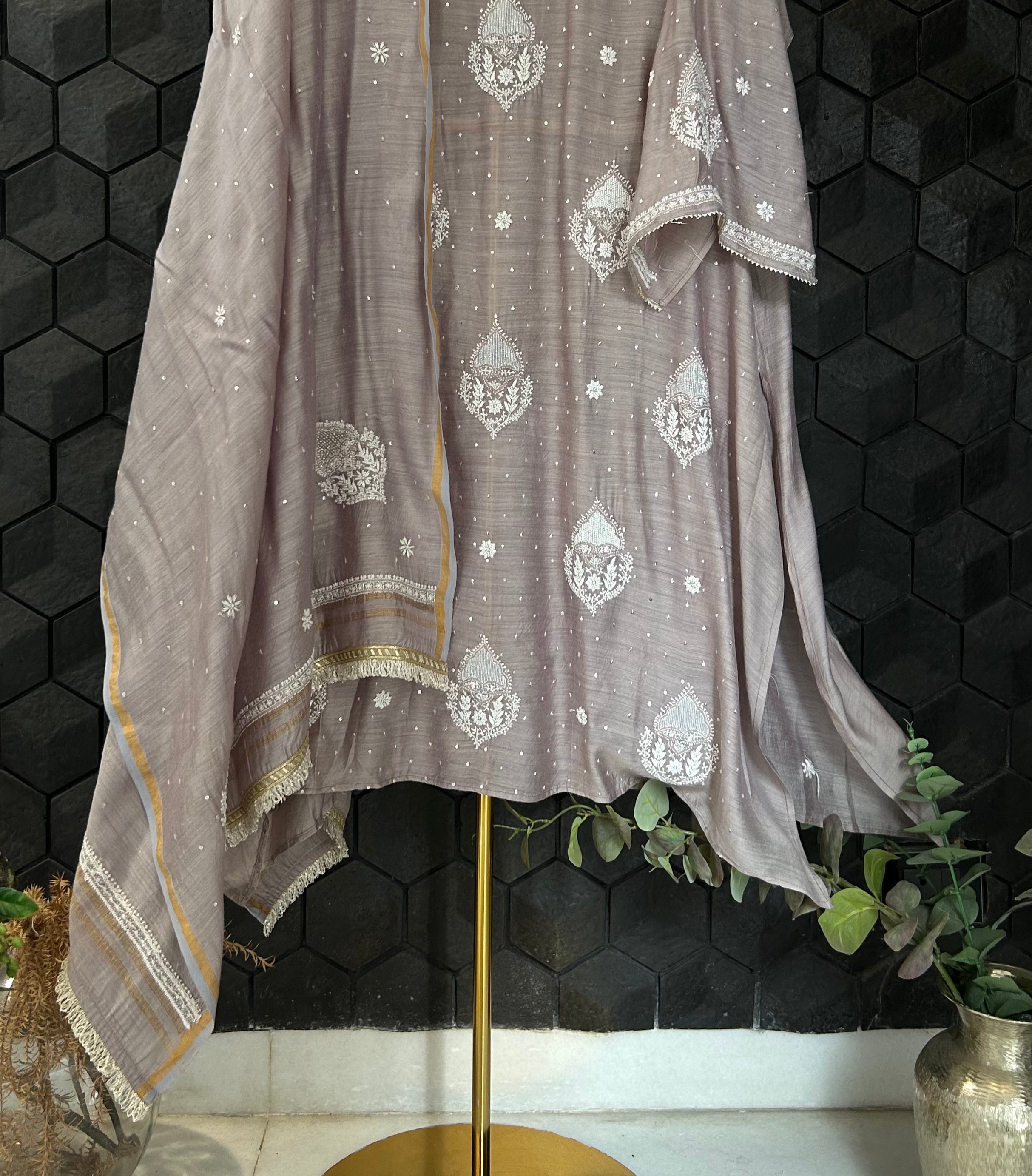 Grey chikankari munga silk suit set with dupatta