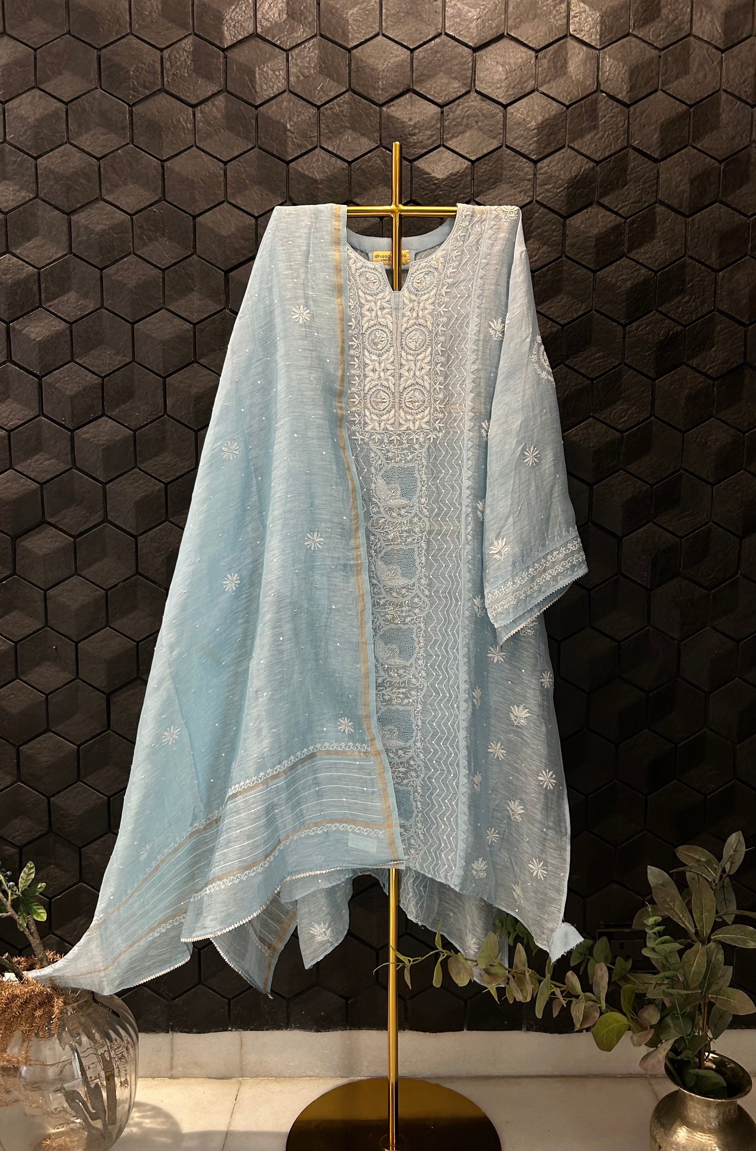 Sky Blue Linen Chikankari kurta Set