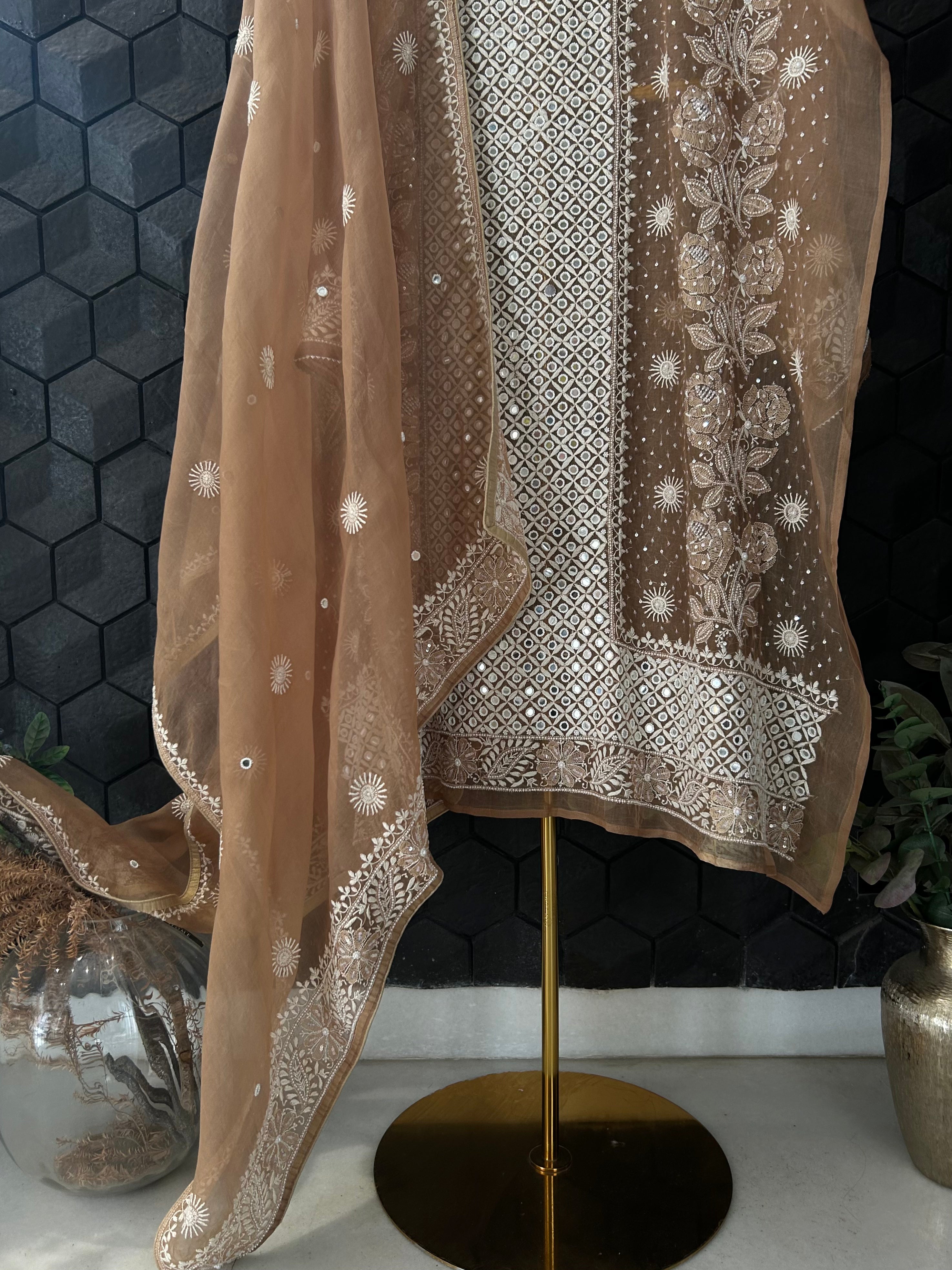 Brown Organza Chikankari Kurta Set