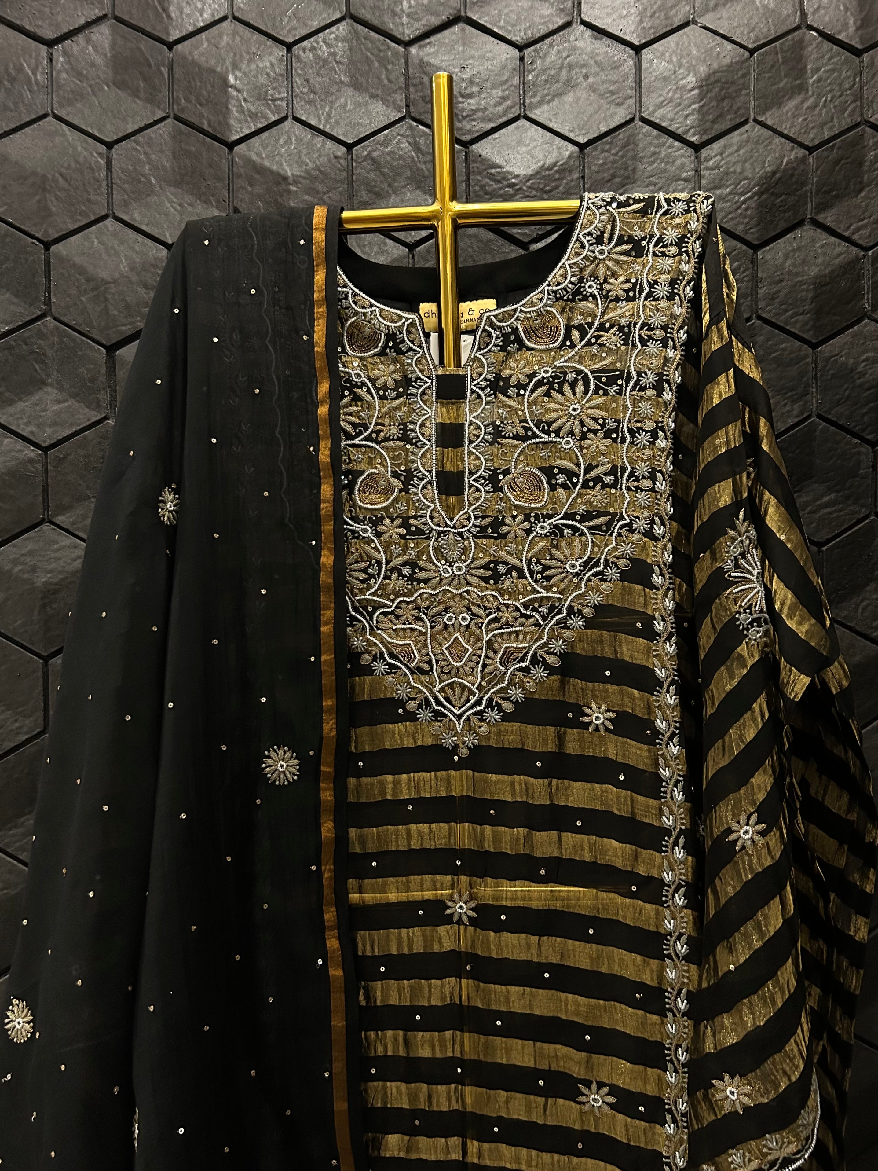 Black Stripe Tissue Chikankari Kurta Set