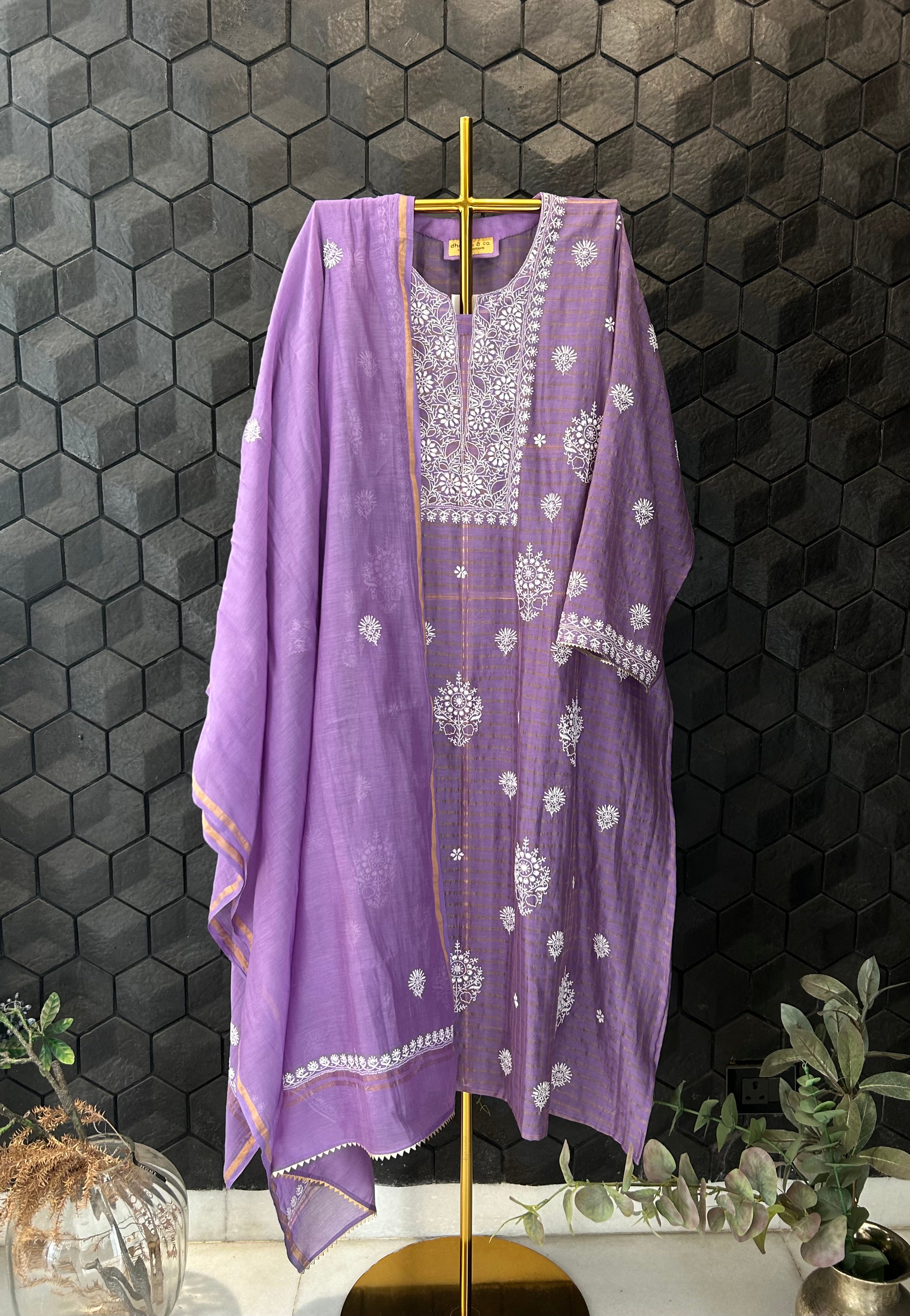 Purple Striped Tissue Chikankari Kurta Set