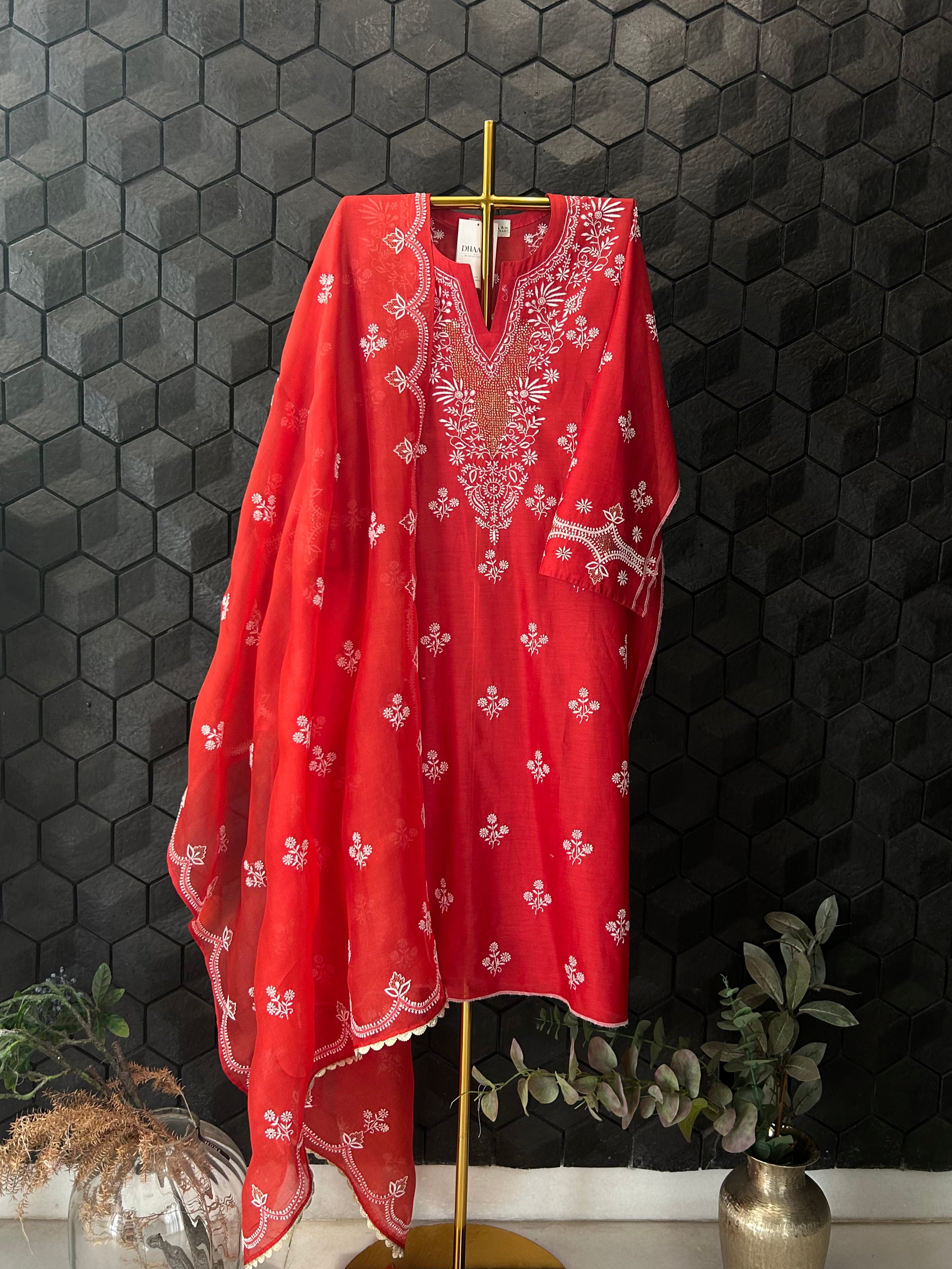 Red Chanderi Chikankari Anarkali Set