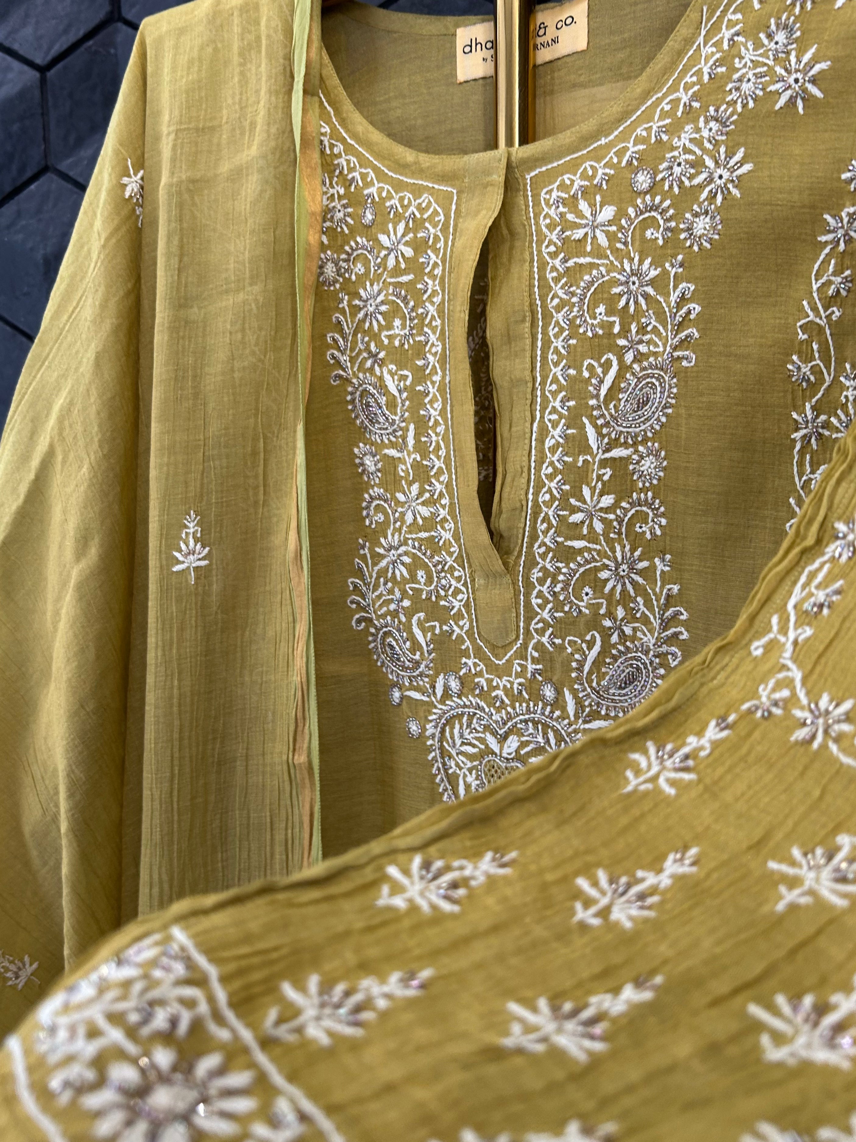 Lime Green Zari Tissue Chikankari Kurta Set