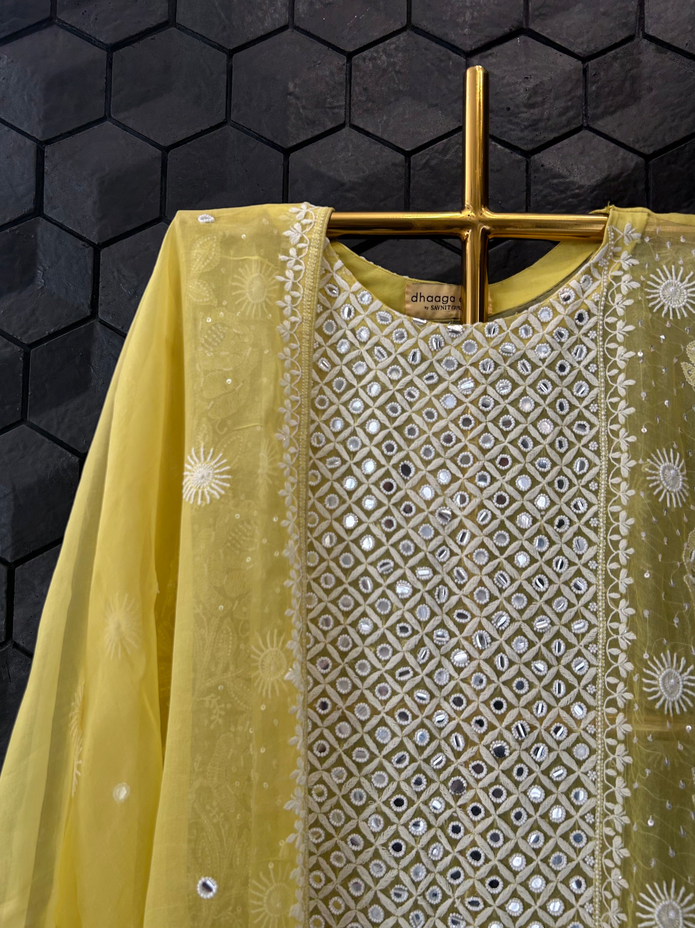 Yellow Organza Chikankari Kurta Set