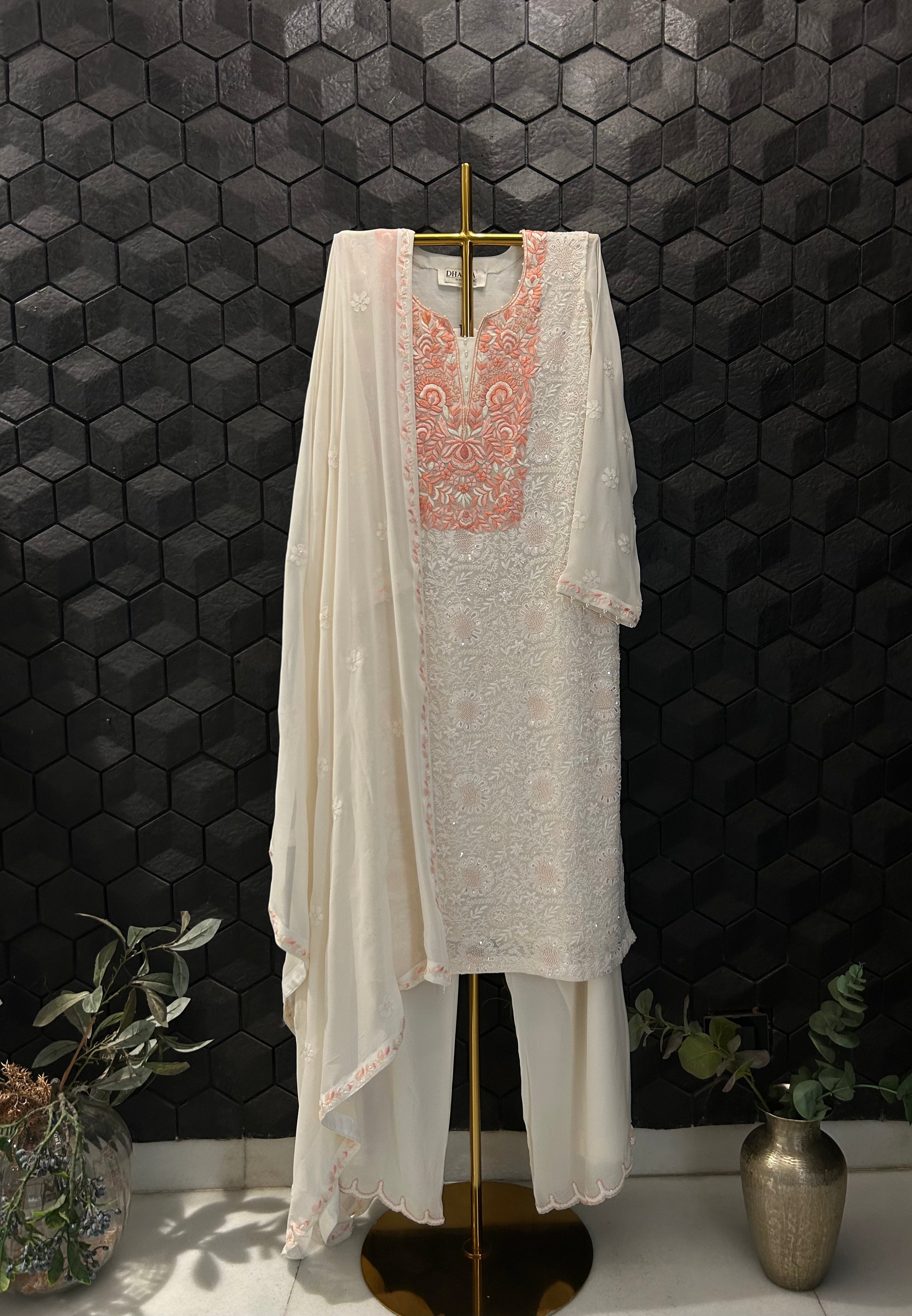 White Georgette chikankari Suit Set