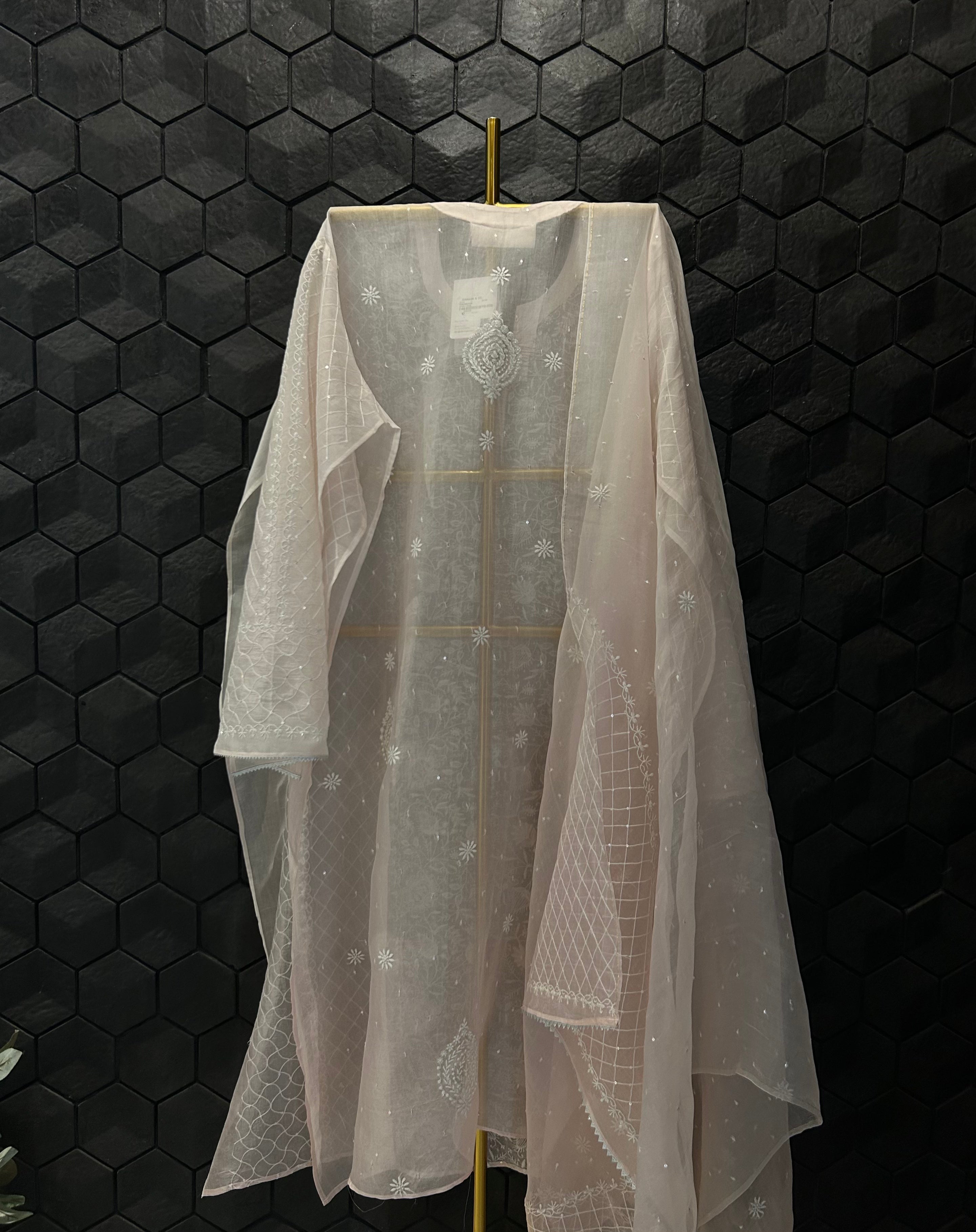 Pink organza chikankari kurta set