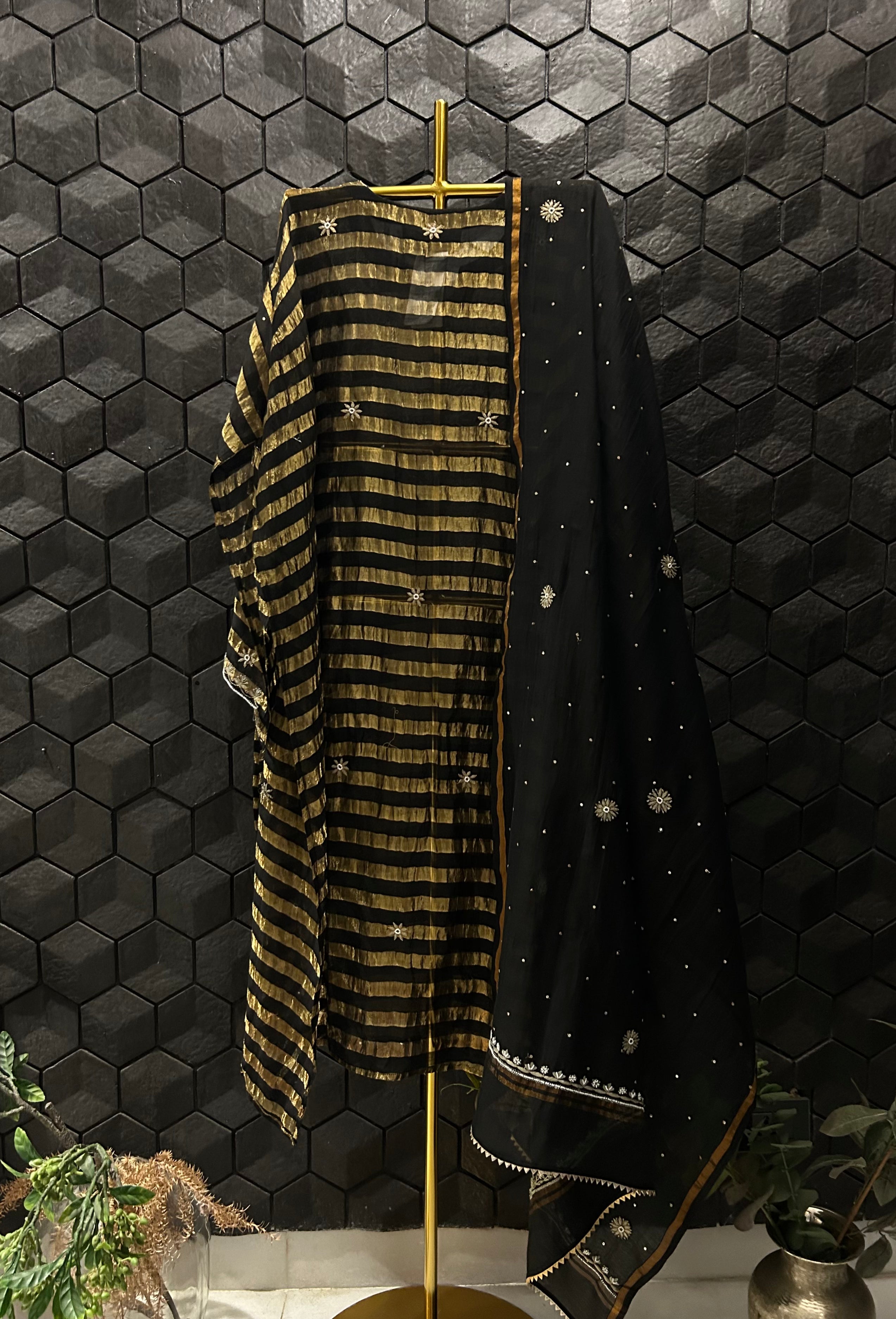 Black Stripe Tissue Chikankari Kurta Set