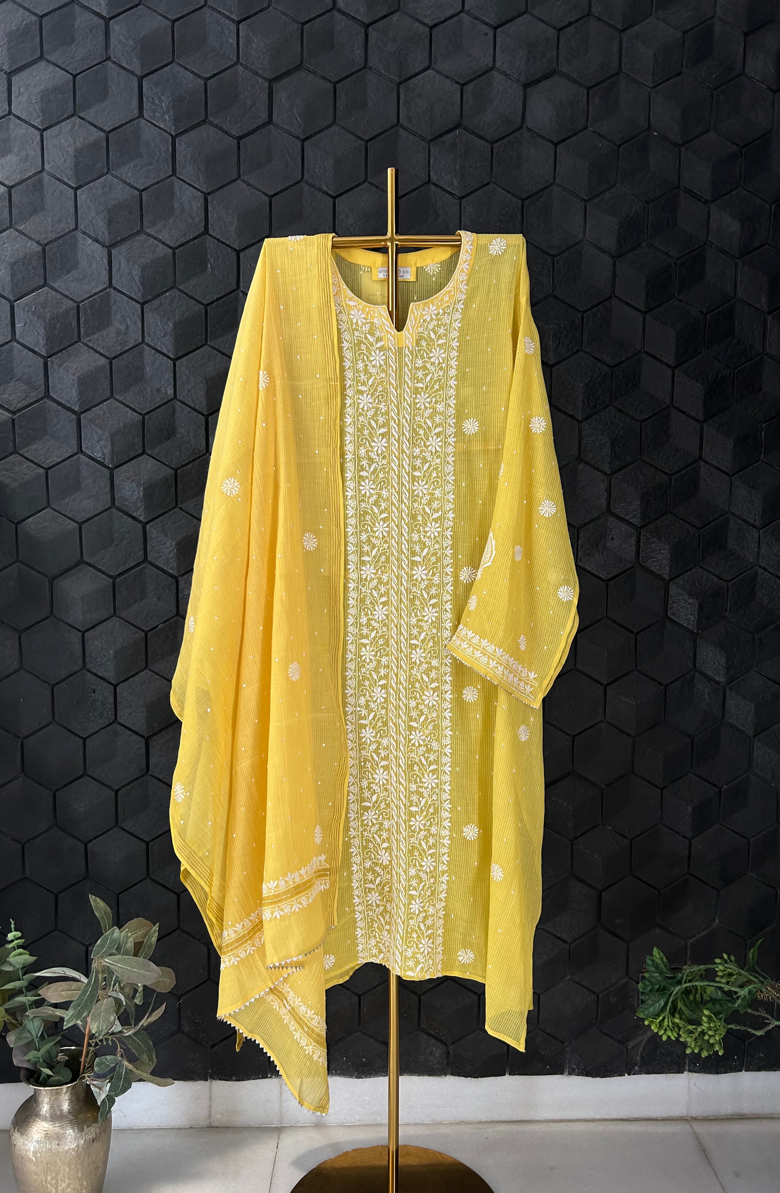 Yellow Maheshwari Chikankari kurta set