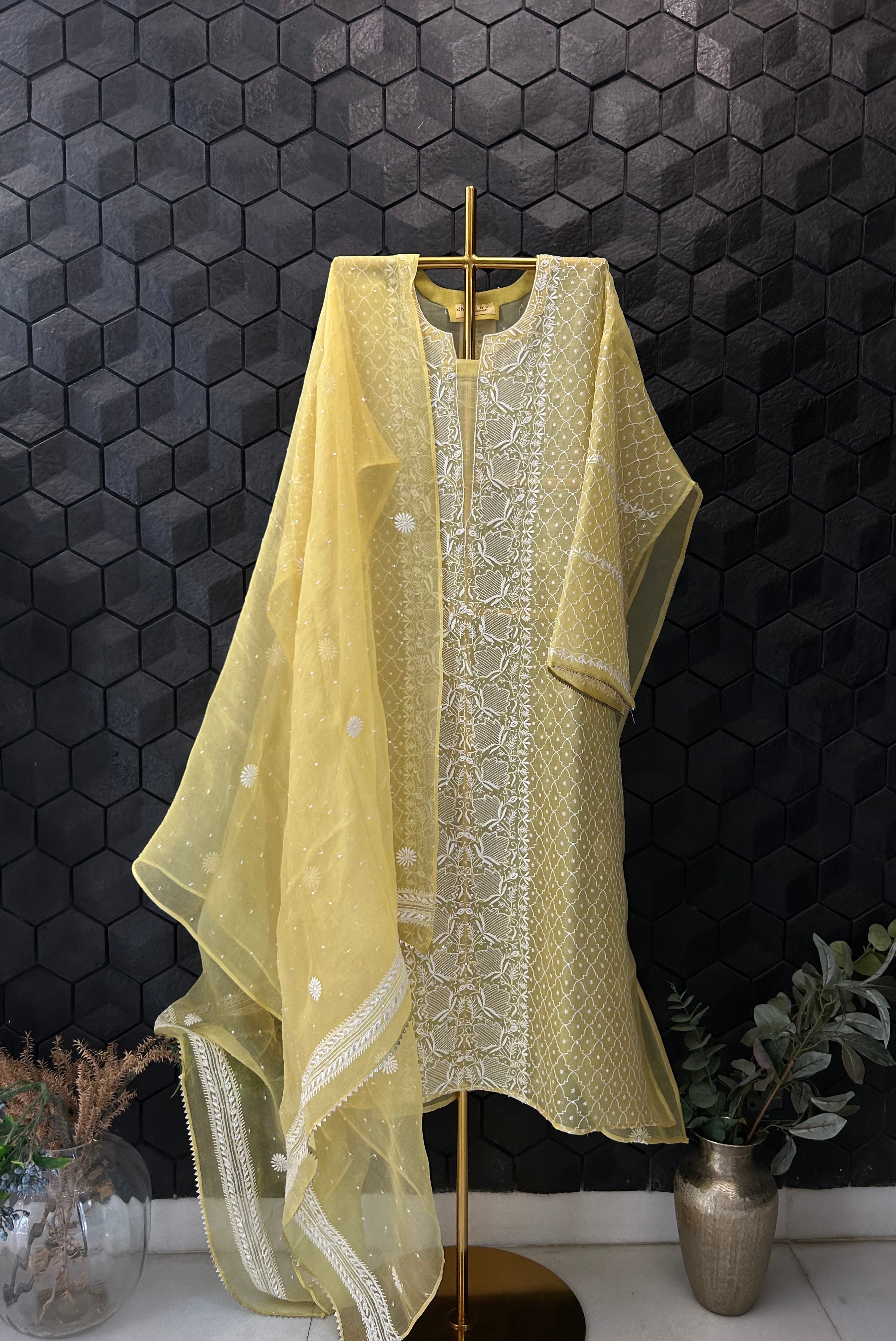 Yellow Organza Chikankari Suit Set