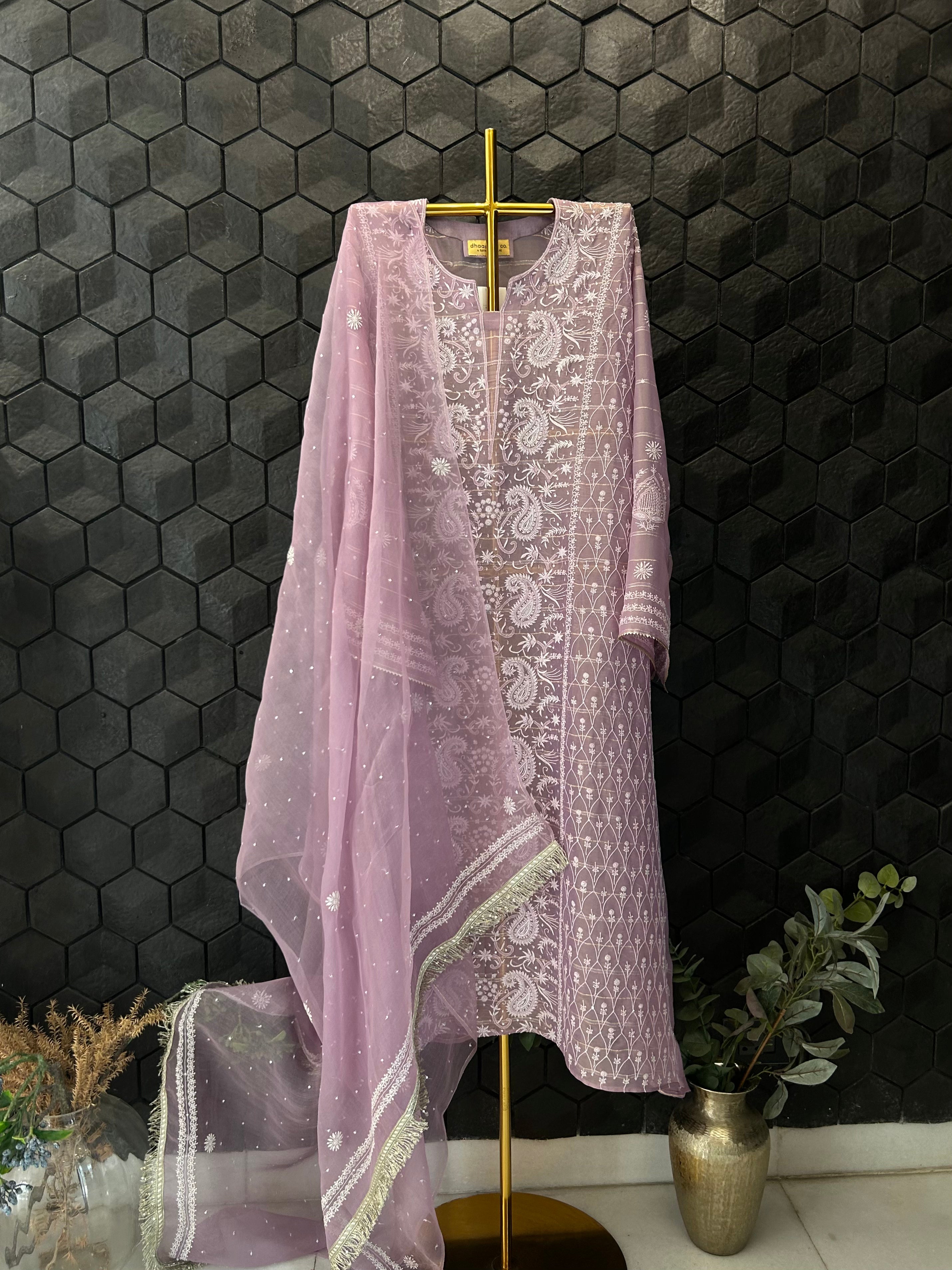 Lavender Organza Chikankari Suit Set