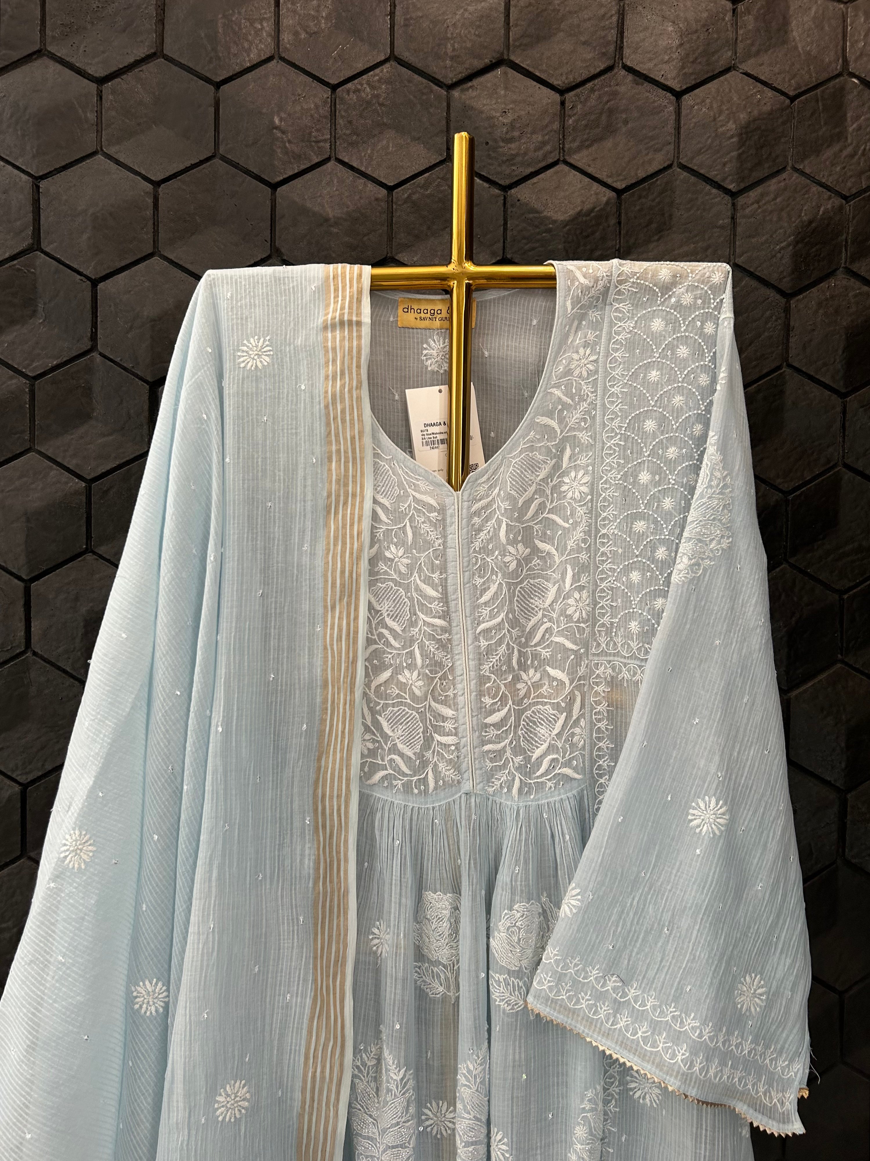 Sky Blue Maheswari Chikankari Kurta Set