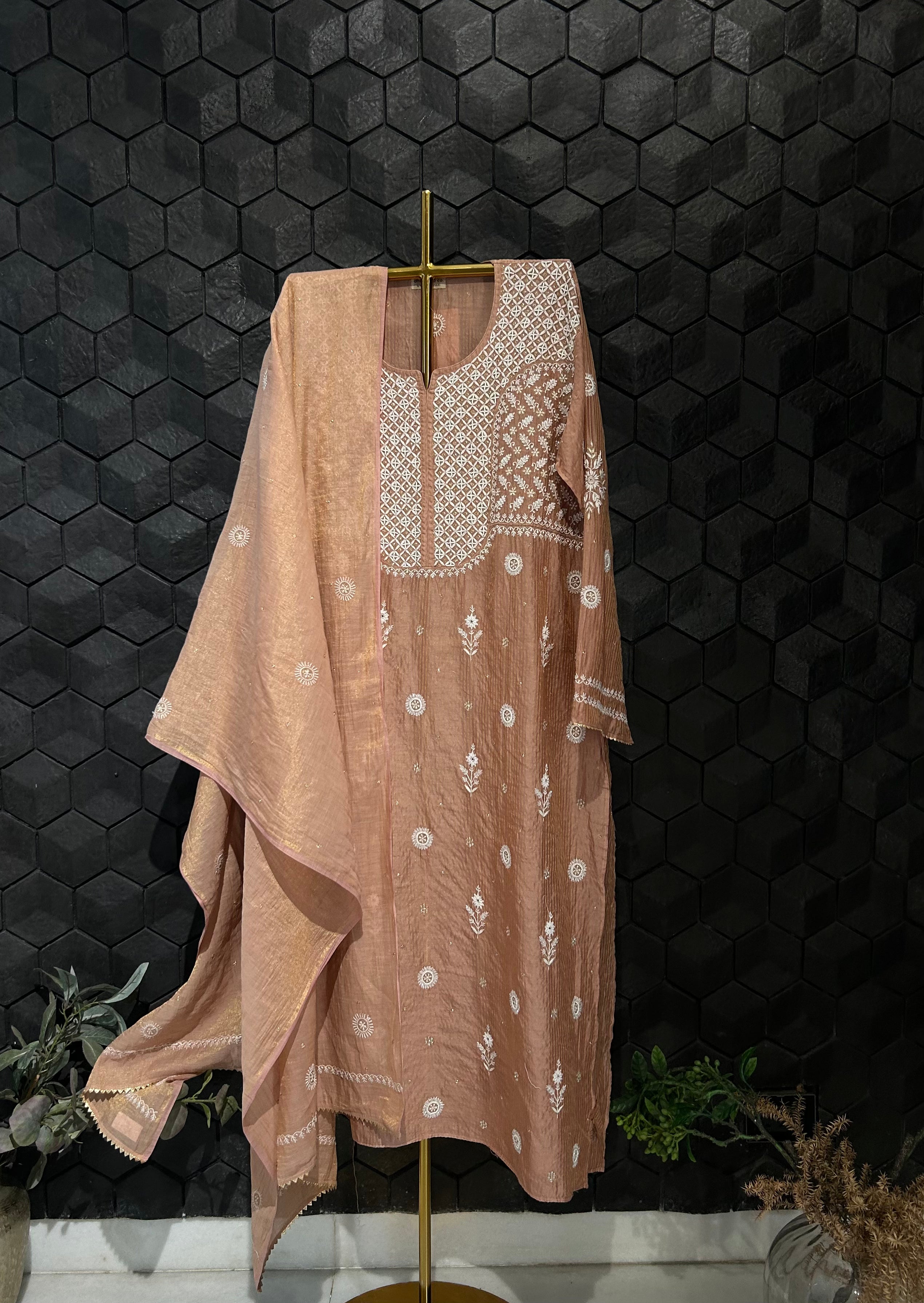 Rust Zari Stripped Tissue Chikankari Kurta Set