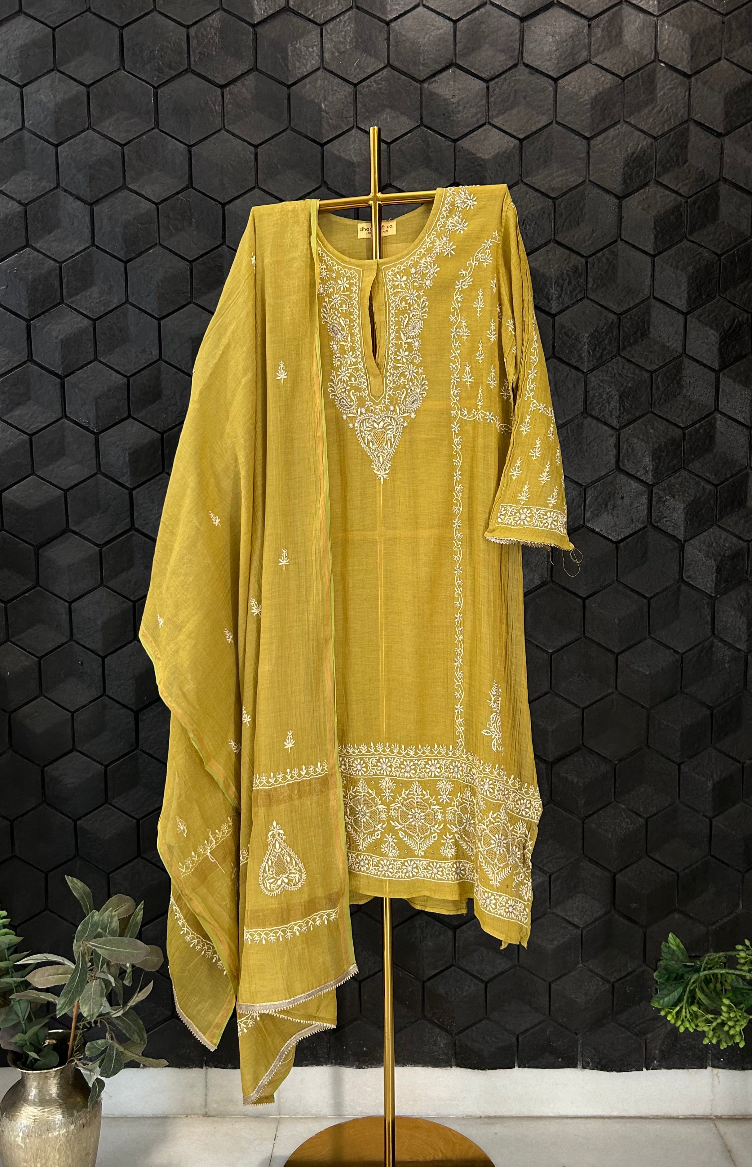 Lime Green Zari Tissue Chikankari Kurta Set