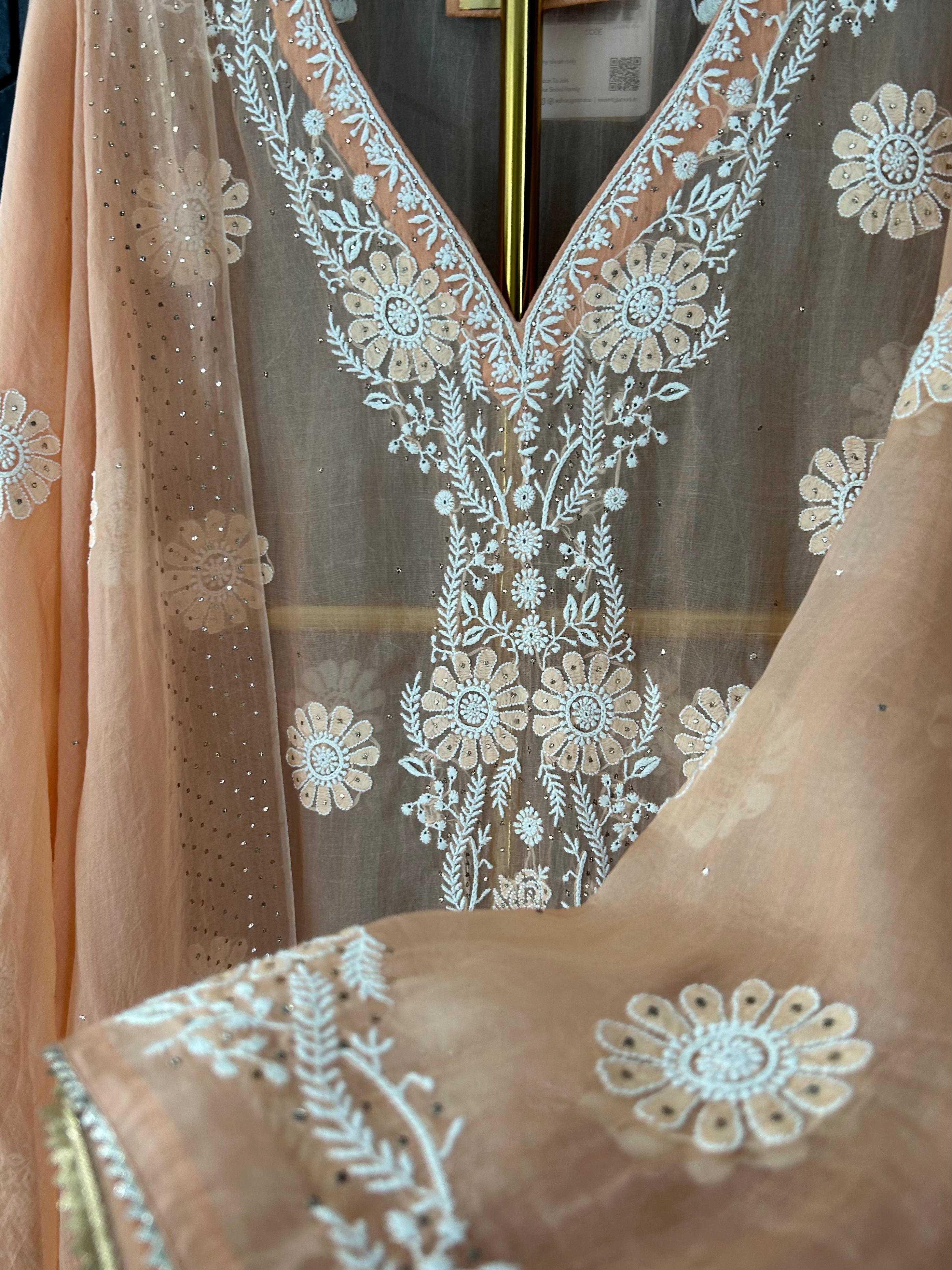 Peach organza Chikankari Suit Set