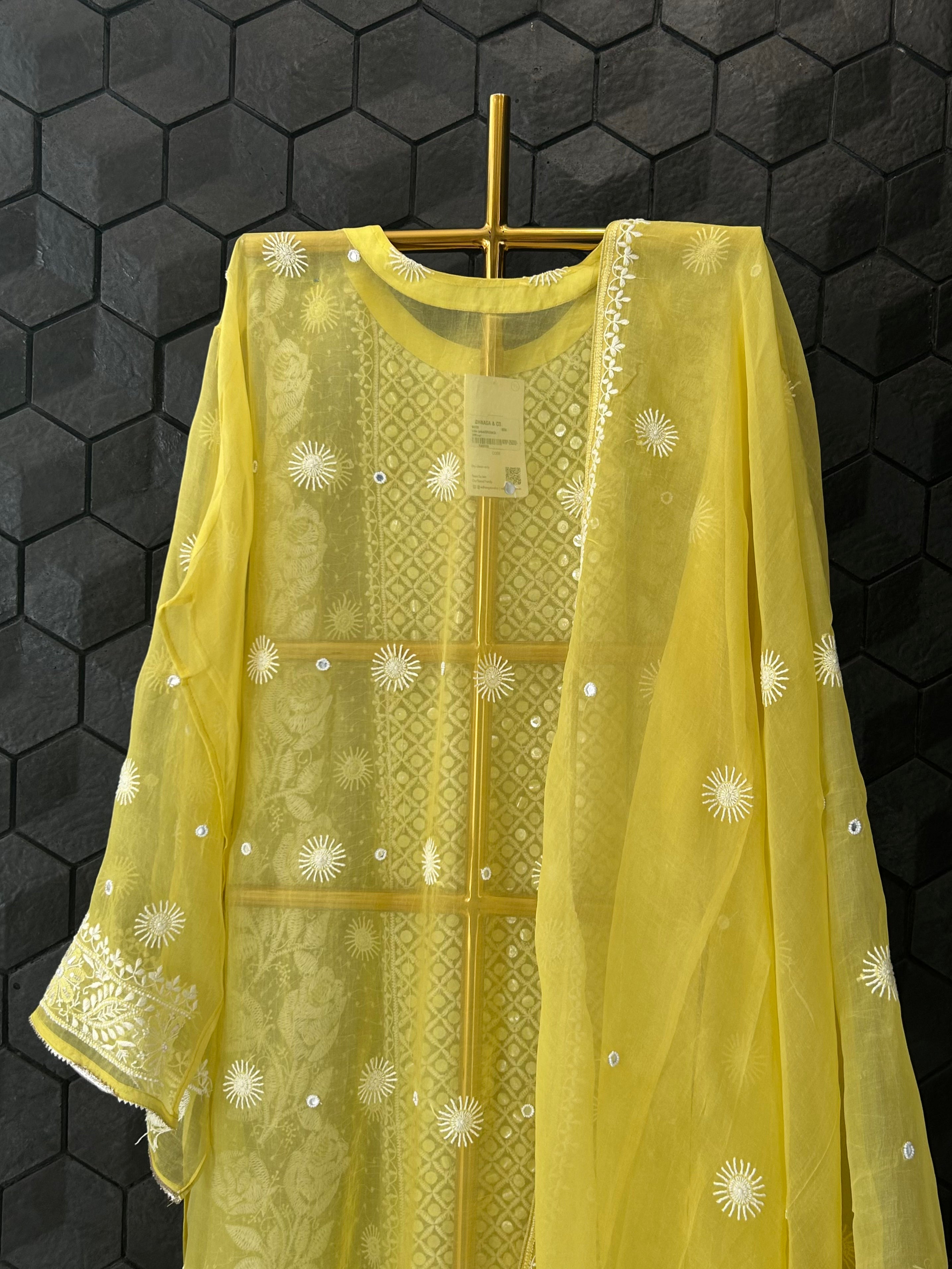 Yellow Organza Chikankari Kurta Set