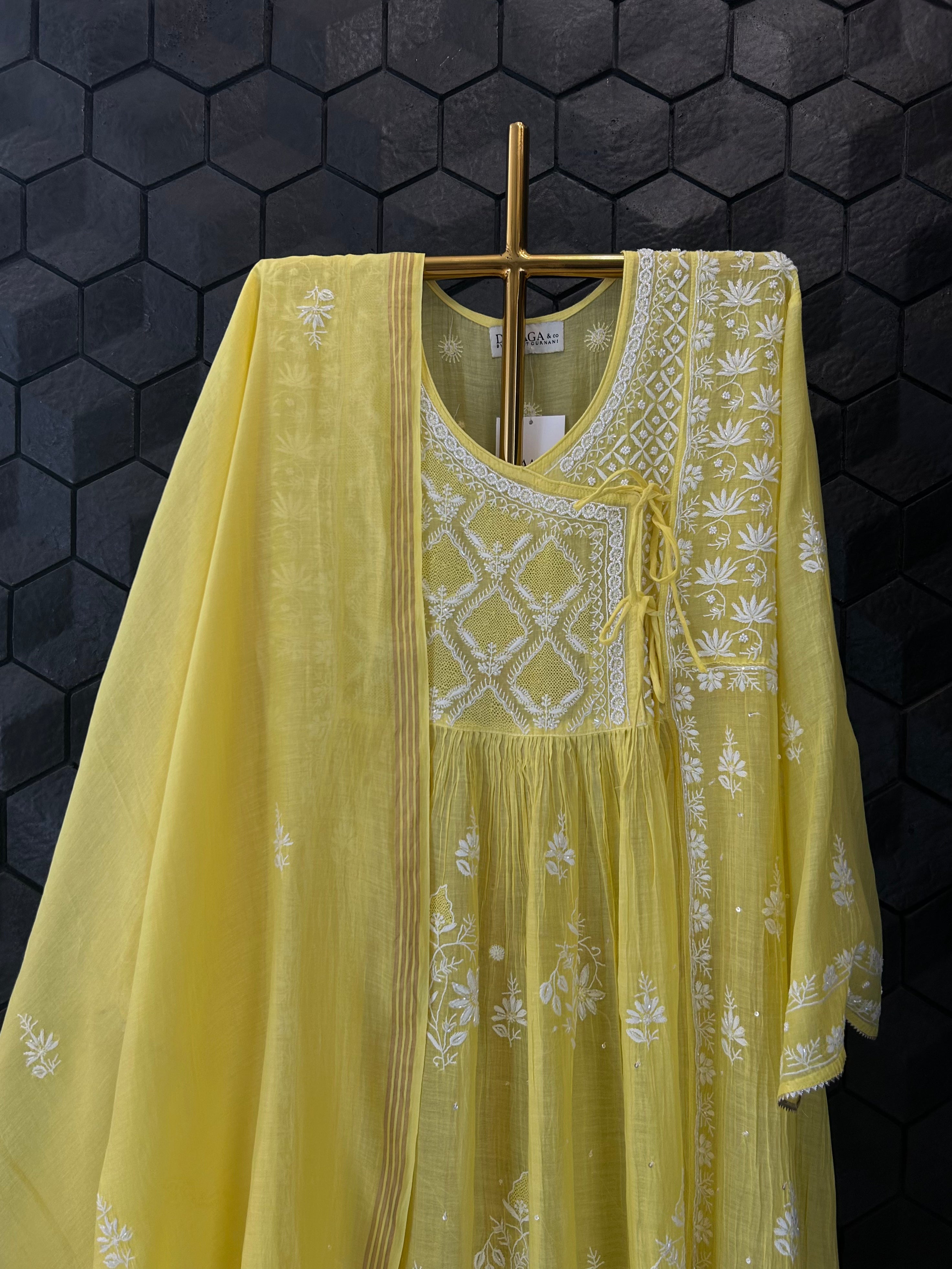 Yellow Mul Chanderi Chikankari Angarkha kurta Set